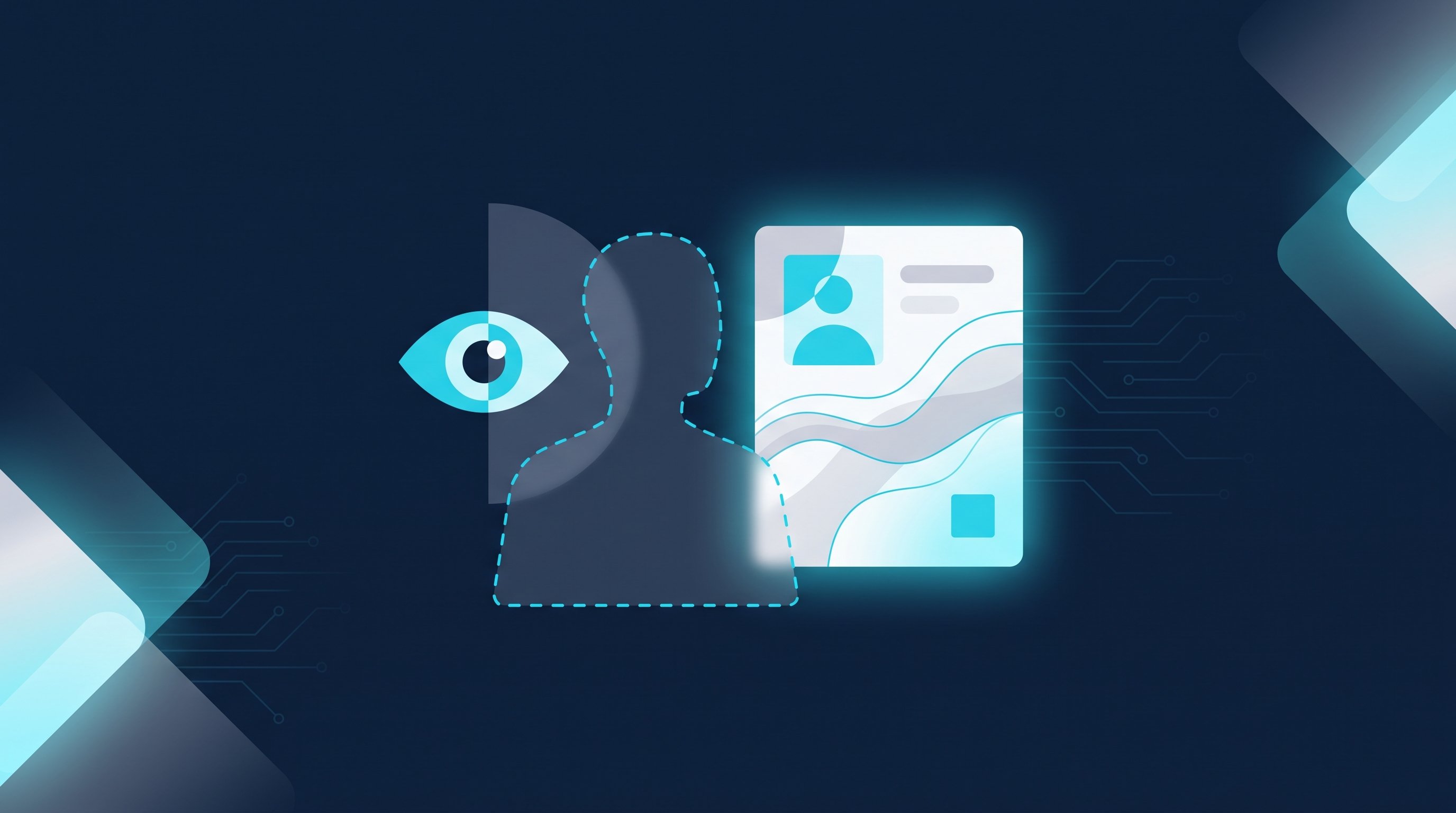 Eine gestrichelt umrandete, gesichtslose Silhouette betrachtet eine Profilkarte, daneben ein halb verdecktes Augen-Symbol, in Navy mit Cyan, als Bild für anonymes Ansehen von LinkedIn-Profilen