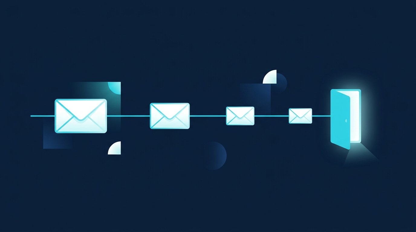 Follow-up-Rhythmus für Kalt-E-Mails als Zeitstrahl: vier E-Mails mit wachsendem Abstand, am Ende ein sauberer Abschluss