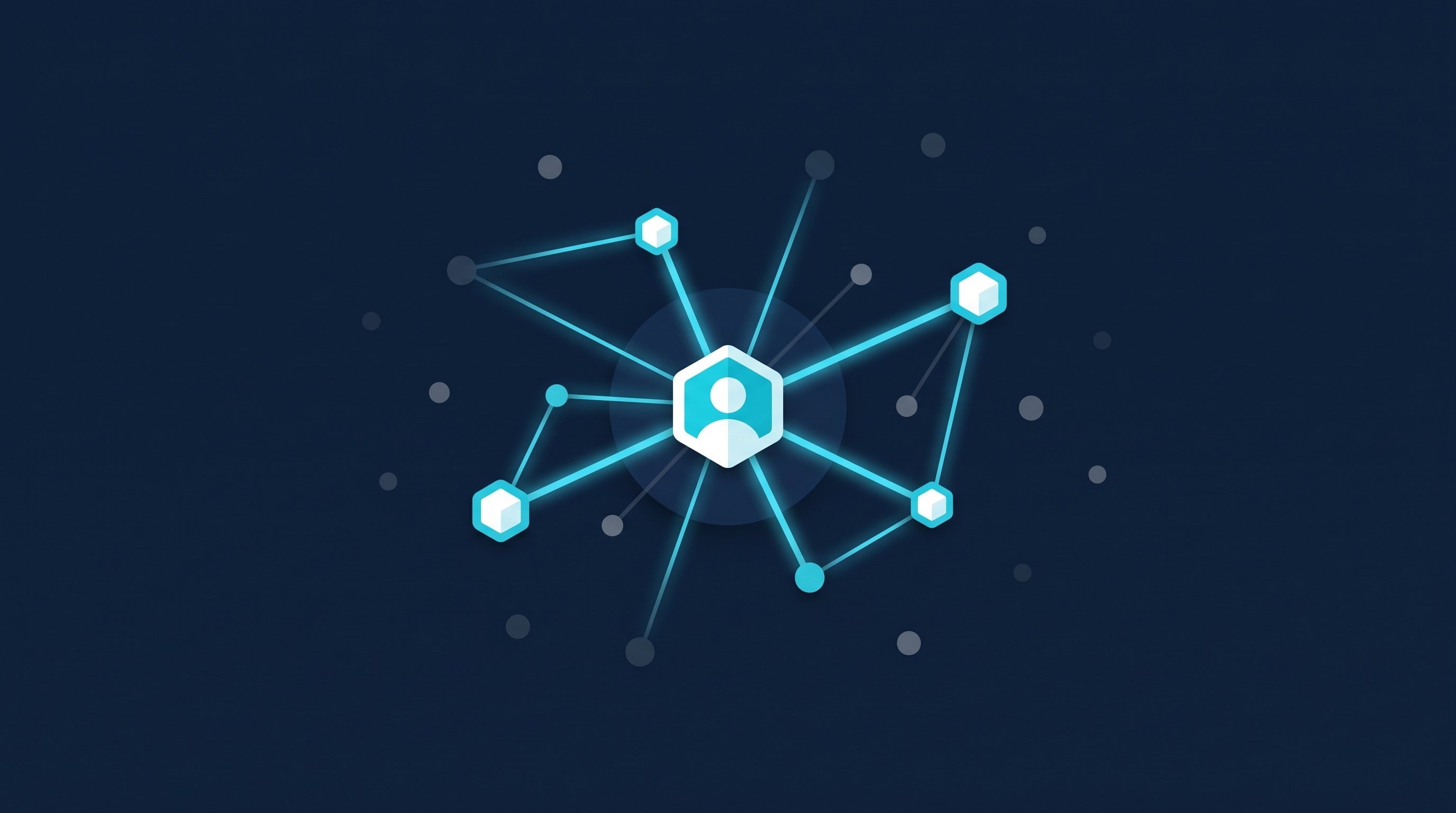 Ein Netzwerkgraph wächst von einem zentralen Profil nach außen, nur ausgewählte Kontakte sind mit cyanfarbenen Linien verbunden, viele graue Punkte bleiben unverbunden, auf Navy