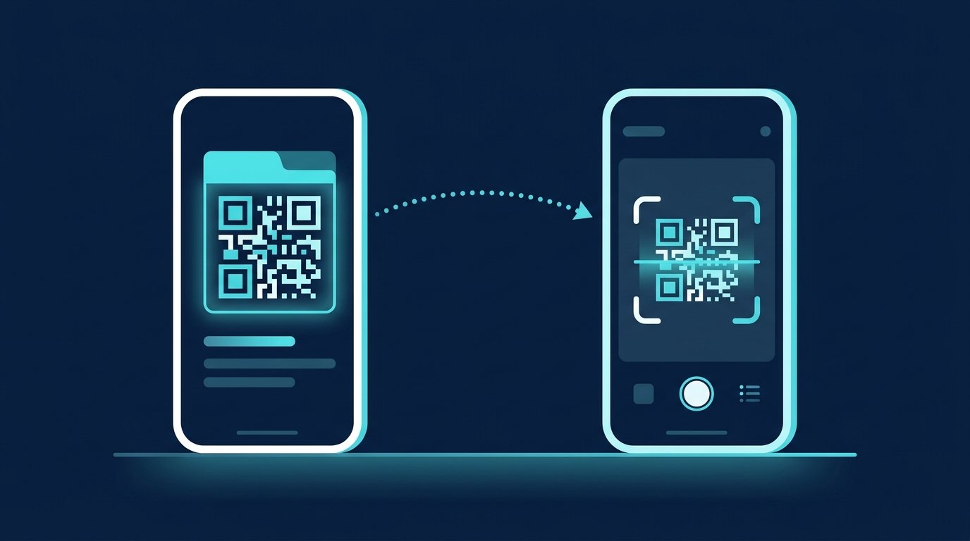 LinkedIn QR Code in der App schematisch: links der eigene Code unter „Mein Code“, rechts der Scanner unter „Scannen“