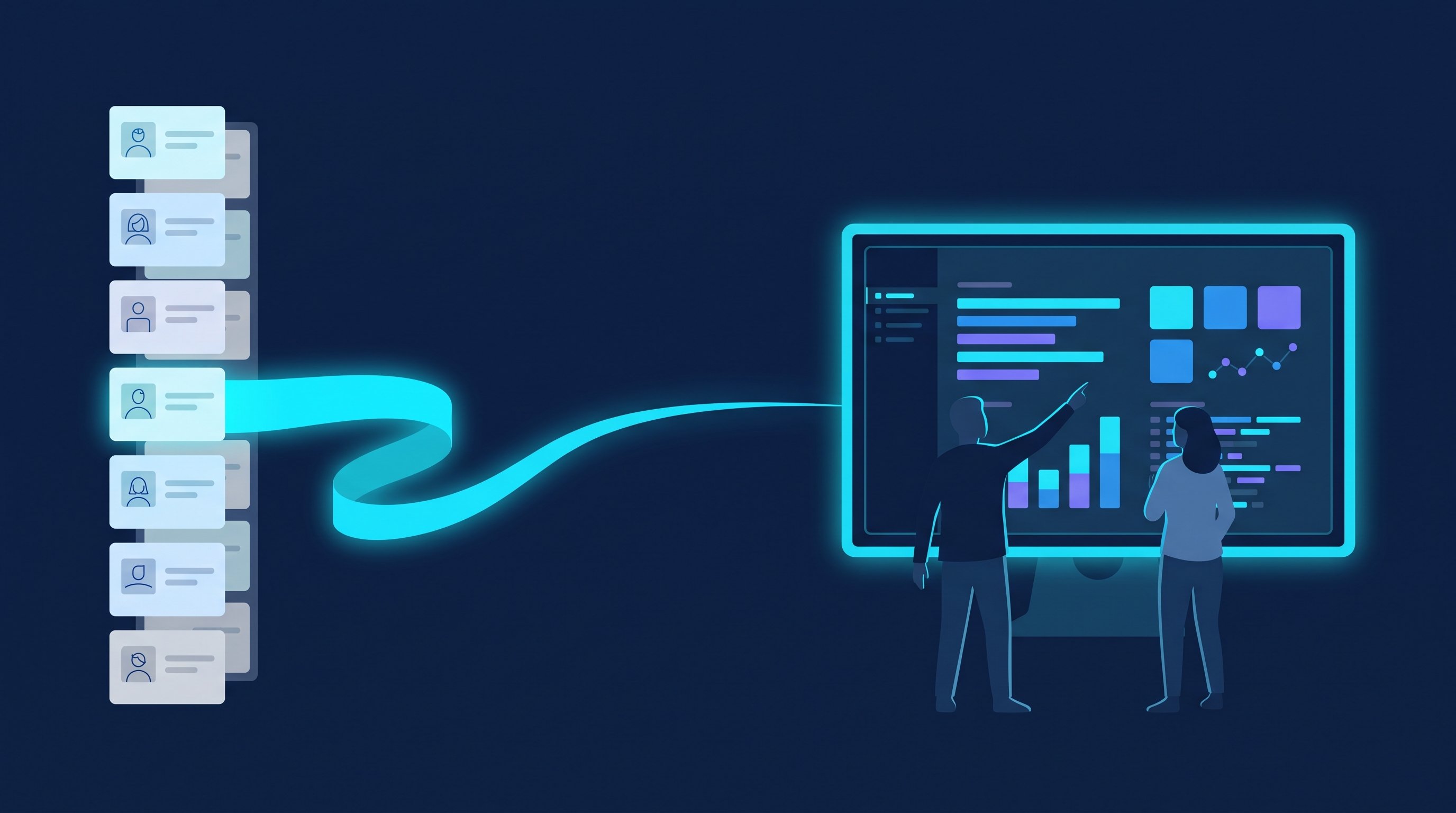 Illustration zum SaaS-Vertrieb über LinkedIn: ein Stapel Profilkarten, von dem ein Pfad zu einem Bildschirm mit Software-Dashboard führt, davor zwei Personen bei einer Demo