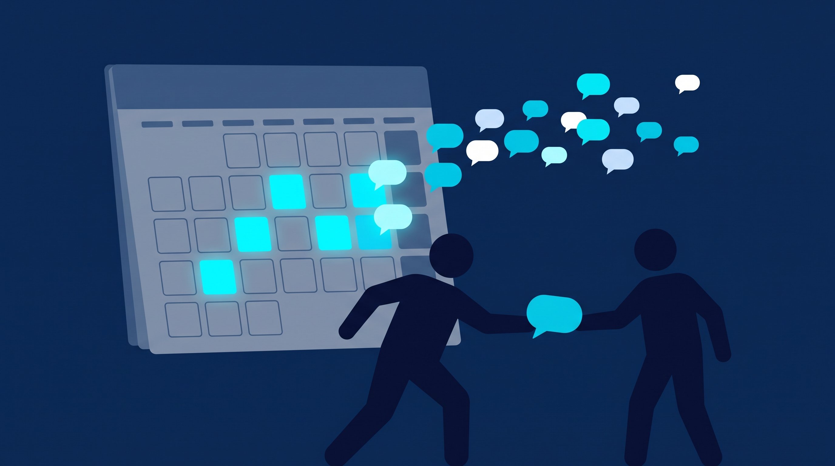 Illustration zum Appointment Setting über LinkedIn: Sprechblasen fliegen auf ein Kalenderblatt zu und werden zu gebuchten Terminen