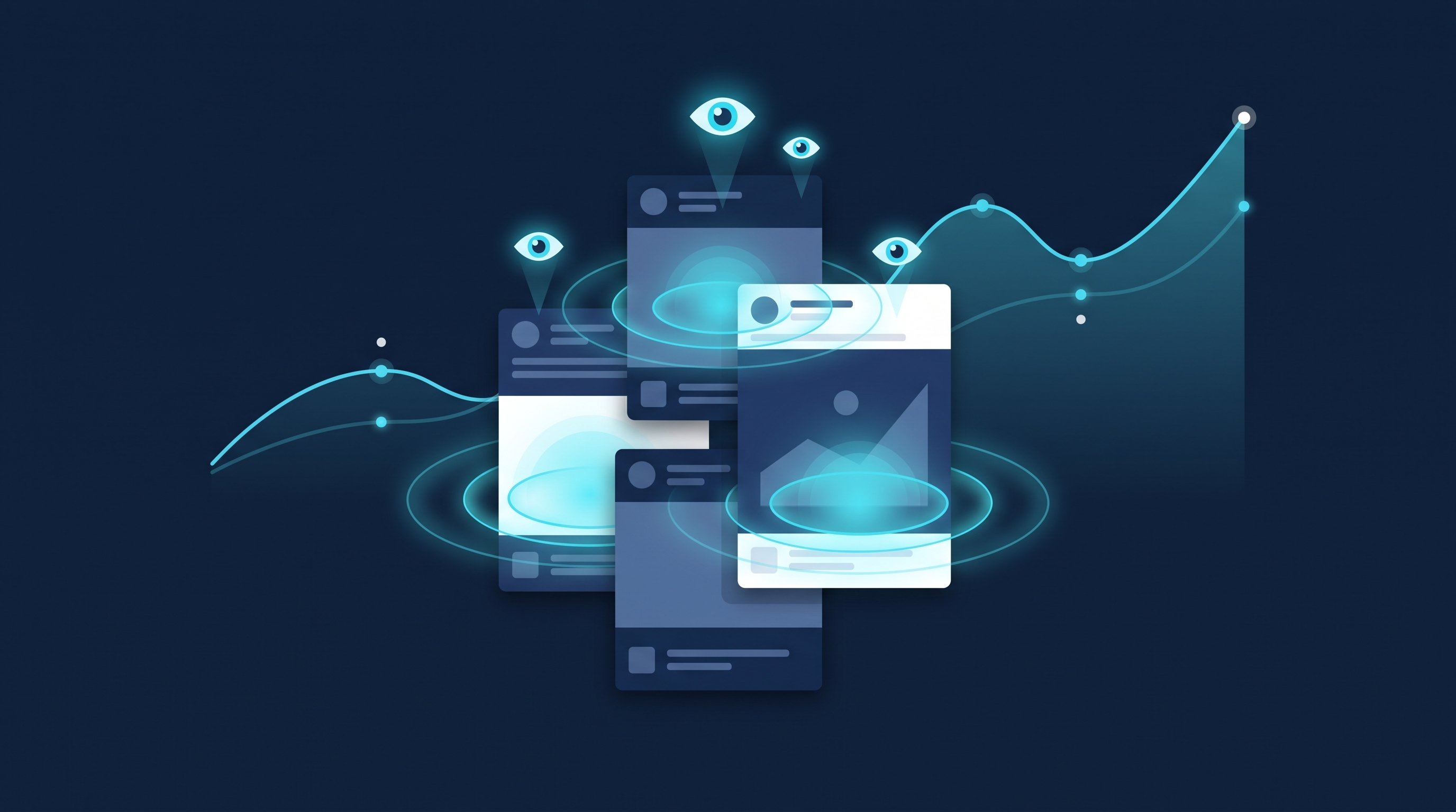 LinkedIn Impressions als Illustration: mehrere Beitragskarten werden immer wieder angezeigt, kleine Augen-Symbole darüber, dahinter eine steigende Kurve