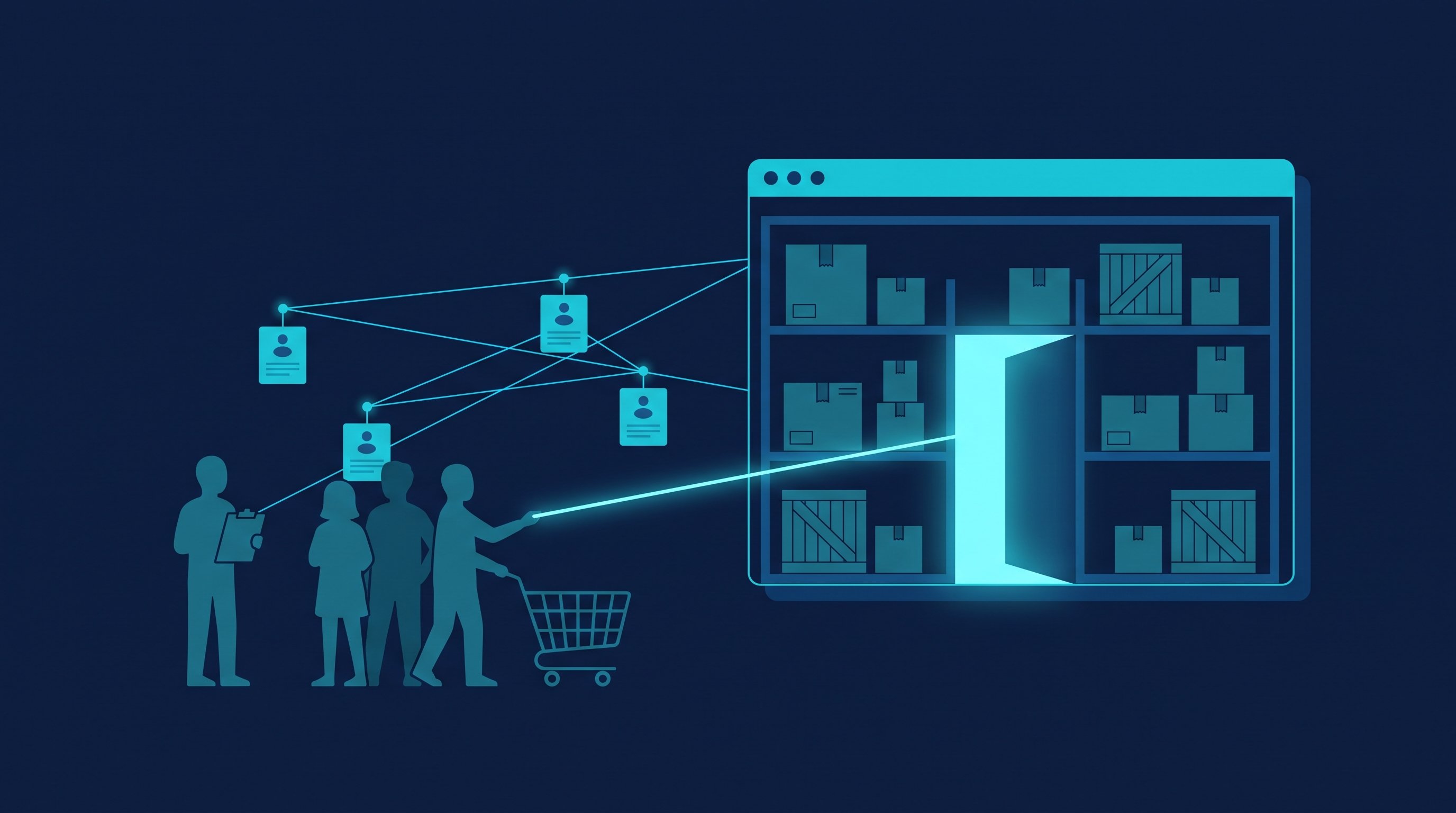 Illustration zum B2B-E-Commerce: Ein Netz aus Kontakten verbindet Einkäufer mit einem B2B-Onlineshop, eine Verbindung führt direkt in den Shop