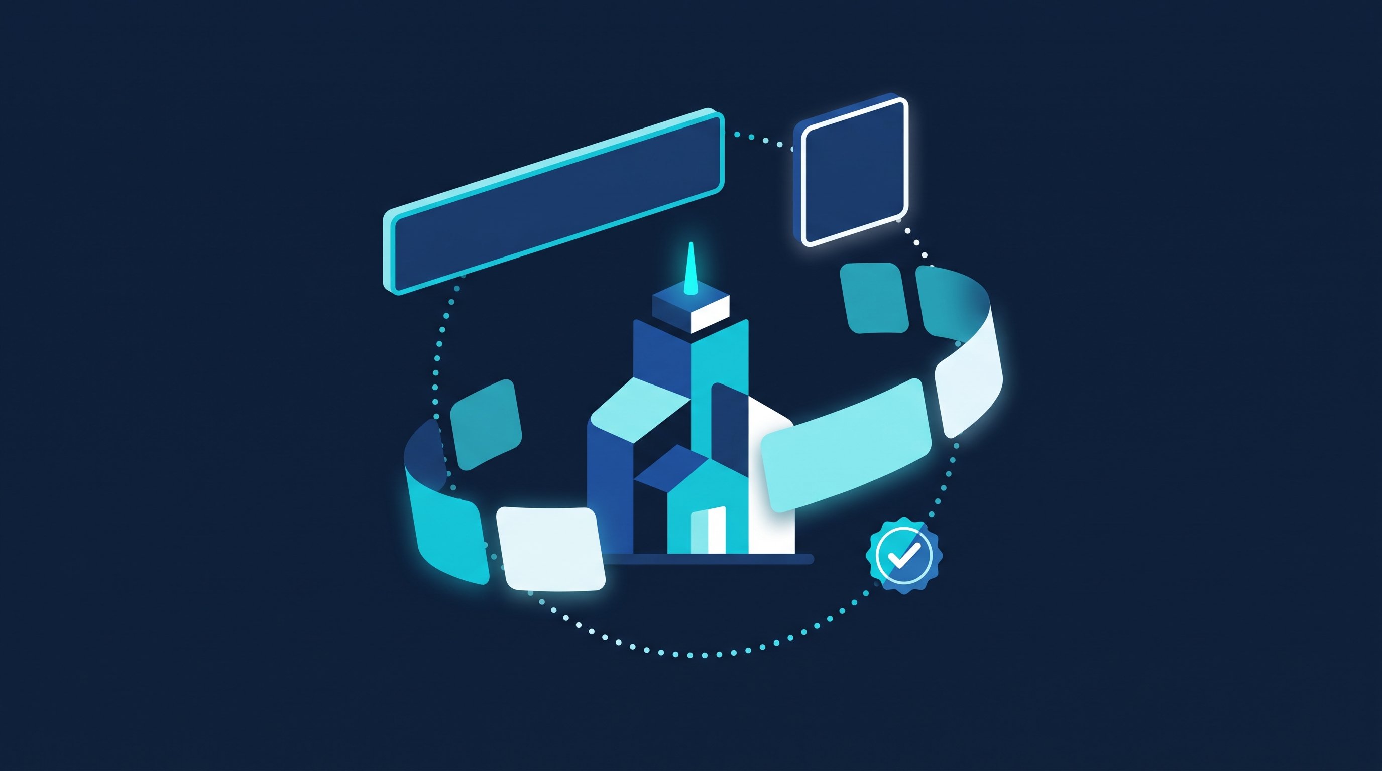 LinkedIn Unternehmensseite erstellen als Illustration: stilisiertes Bürogebäude, um das sich leere Bausteine für Titelbild, Logo und Inhalte zu einer Seite fügen, daneben ein Abzeichen mit Haken