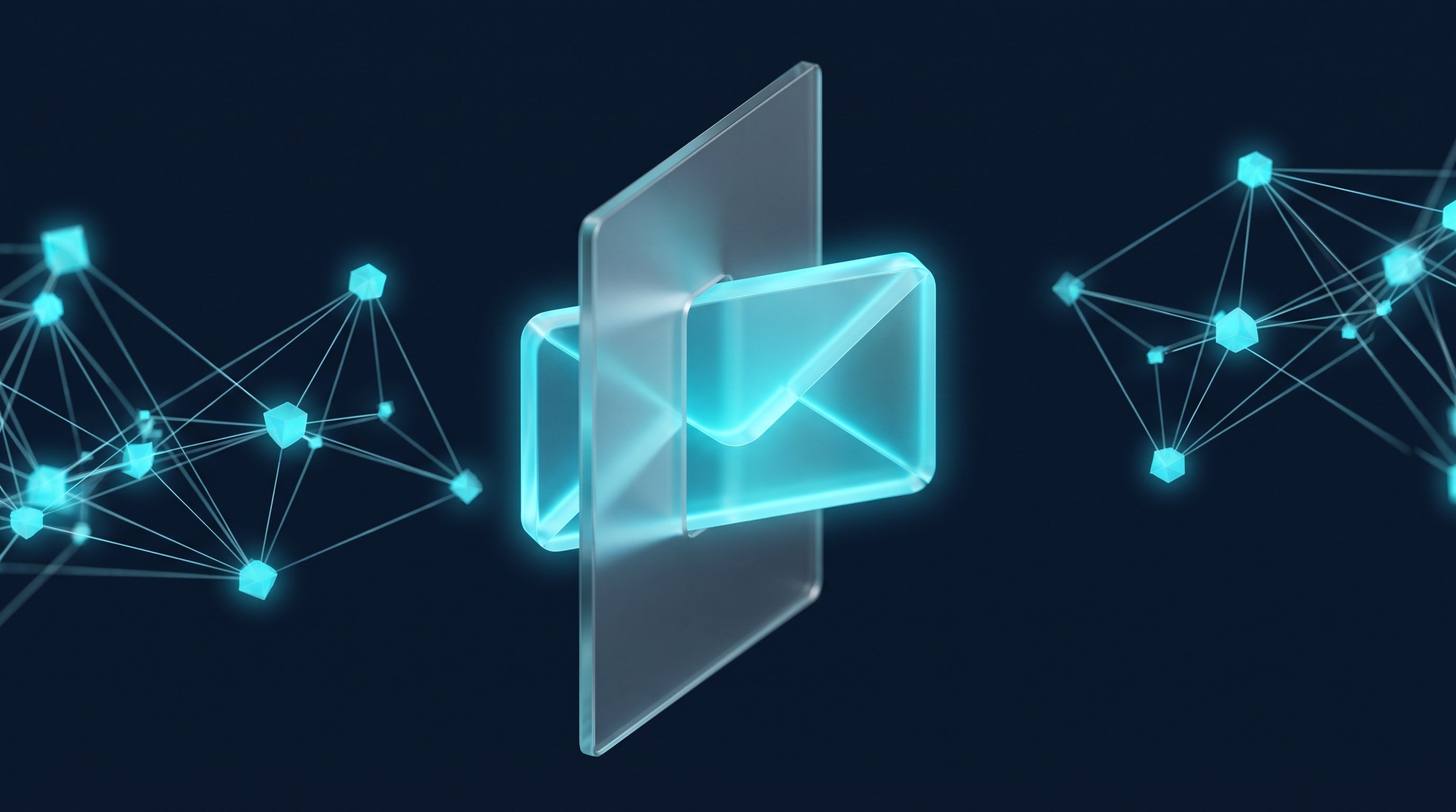 Leuchtend cyanfarbener Briefumschlag gleitet durch eine Glaswand zwischen zwei Netzwerkknoten, Symbolbild für eine LinkedIn InMail an Menschen außerhalb des eigenen Netzwerks