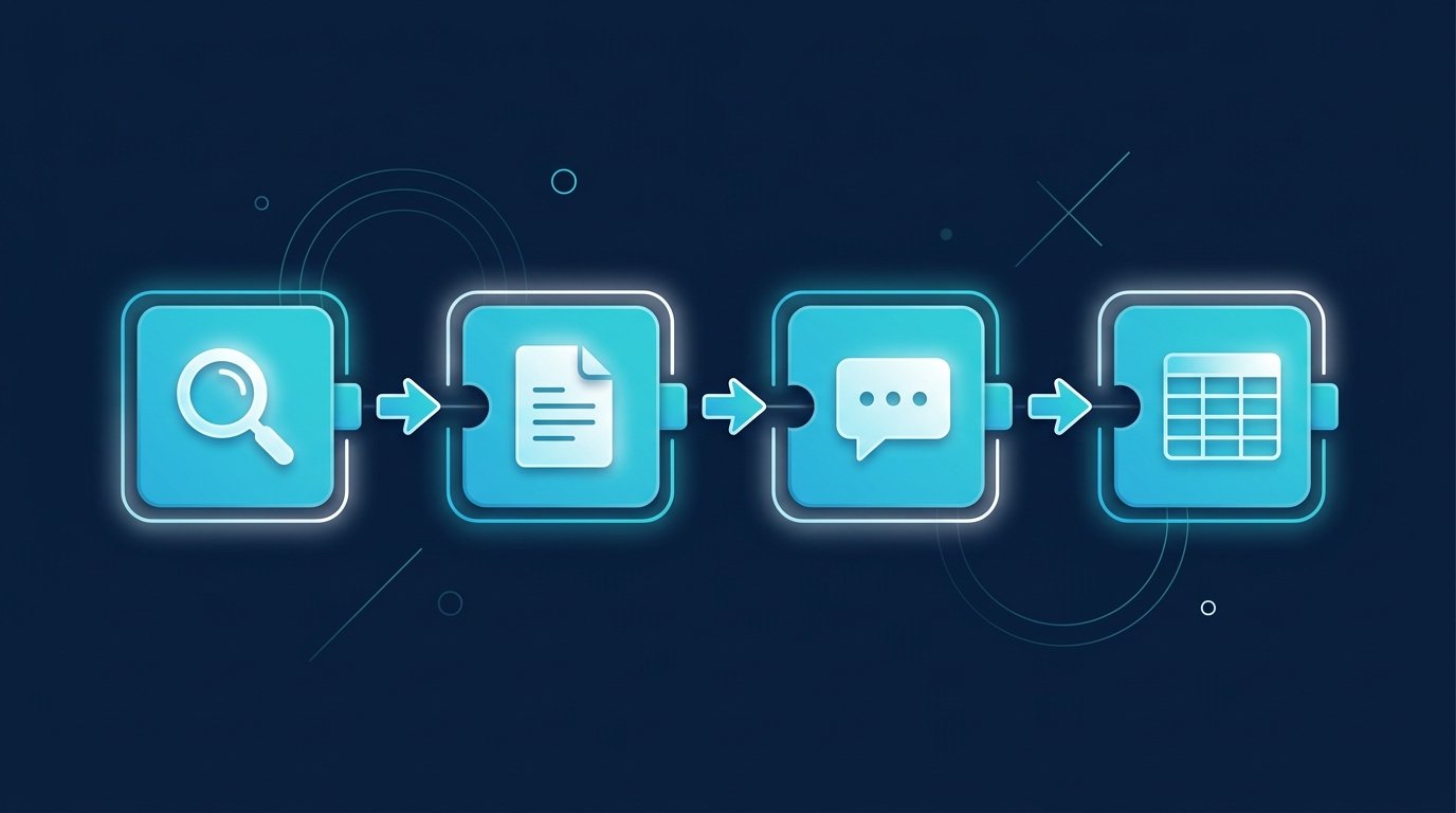 Phantombuster-Prinzip: einzelne Automationen für Suche, Profil, Nachricht und Tabelle werden zu einem Workflow verkettet