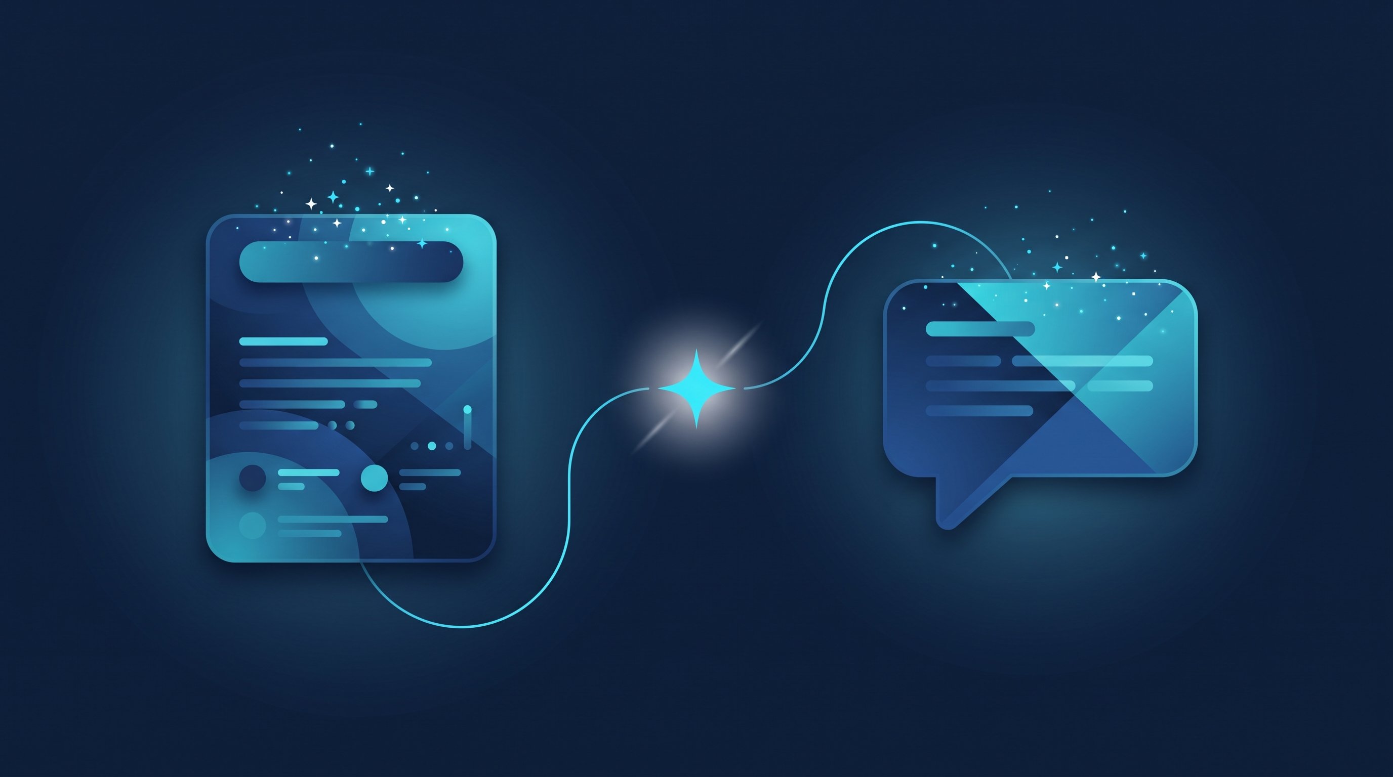 Eine Profilkarte und eine Nachrichtenblase, über feine Linien mit einem leuchtenden vierzackigen Funken-Symbol in der Mitte verbunden, in Navy mit Cyan, als Symbol für KI bei Profil und Nachrichten auf LinkedIn