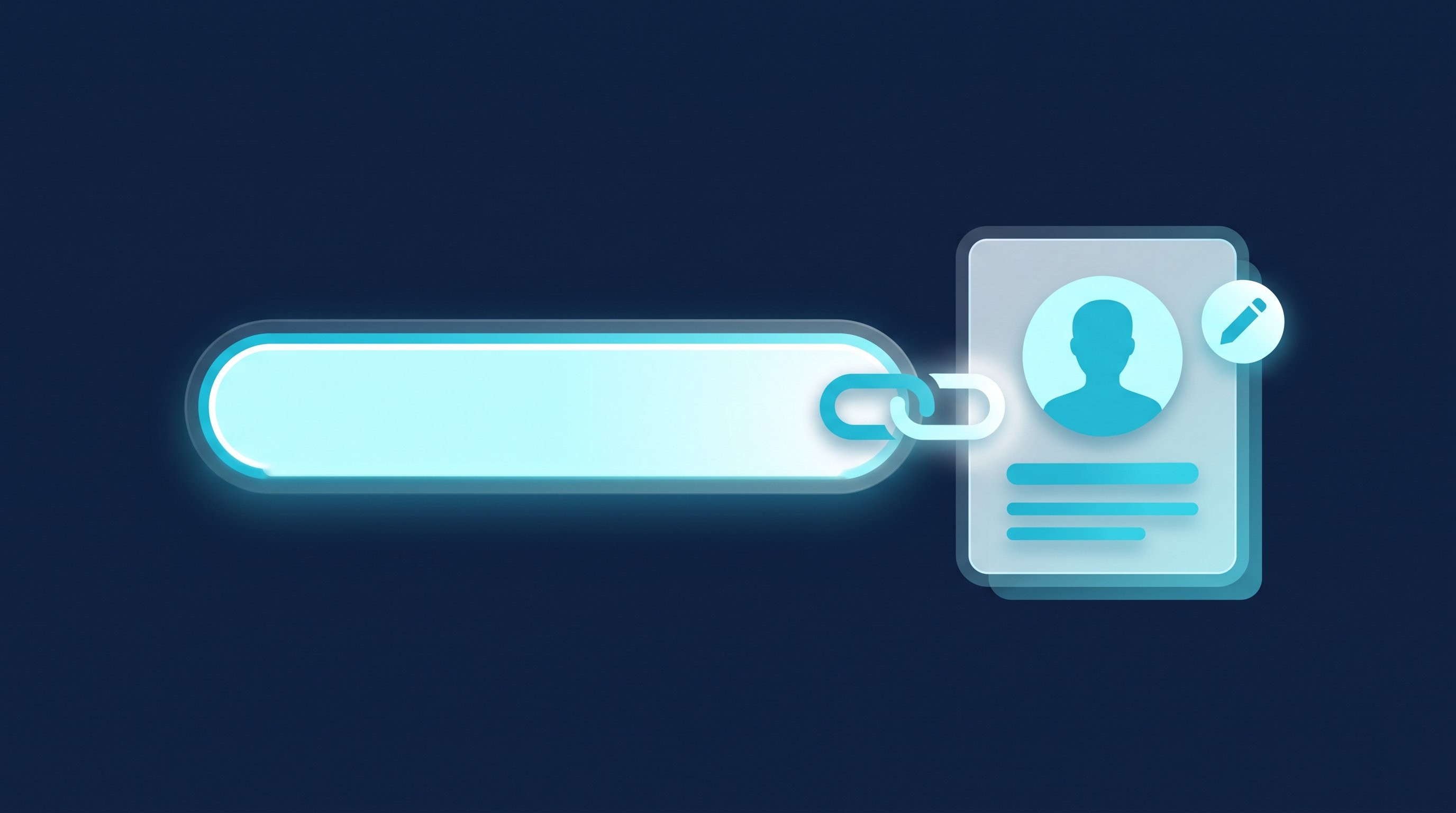 LinkedIn URL finden: leuchtende Adresszeile, per Kettenglied mit einer Profilkarte und einem Stift zum Anpassen verbunden, in Navy und Cyan