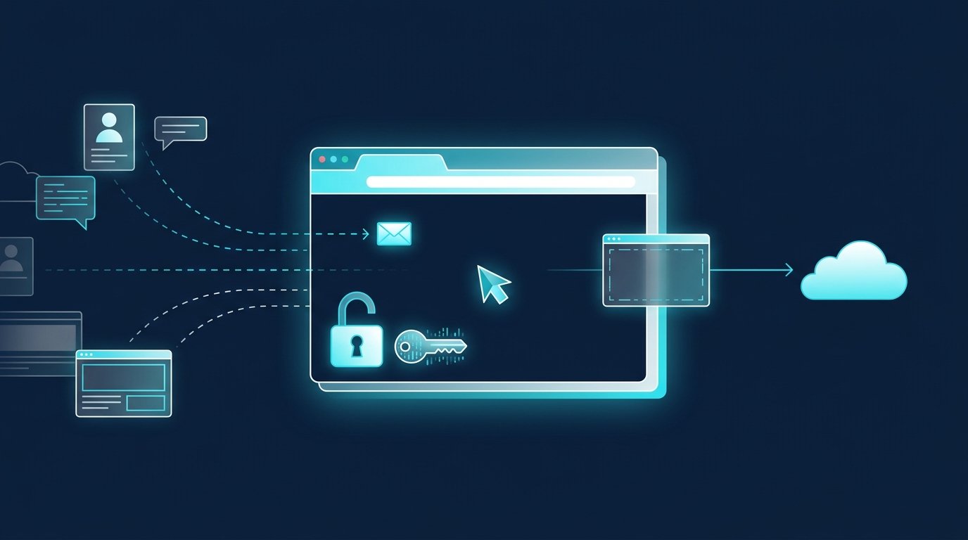 Sicherheitsfläche eines KI-Agenten im Browser: offenes Schloss und Sitzungsschlüssel im Browserfenster, gestrichelte Linien von Profilen, Nachrichten und Webseiten führen hinein, ein Screenshot wandert in eine Cloud, in Navy und Cyan