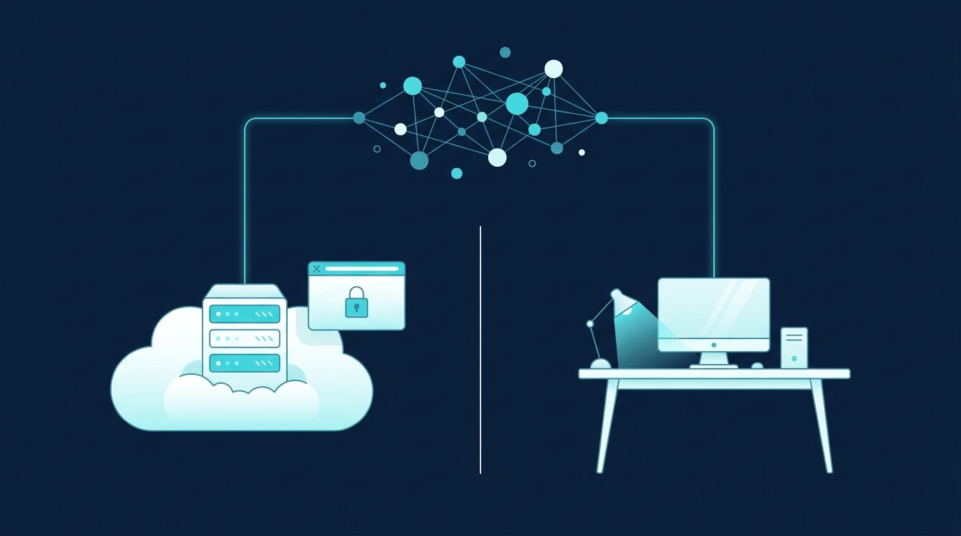 Phantombuster als Cloud-Dienst im Vergleich zur lokalen Desktop-App: Server in der Cloud und Rechner am Schreibtisch