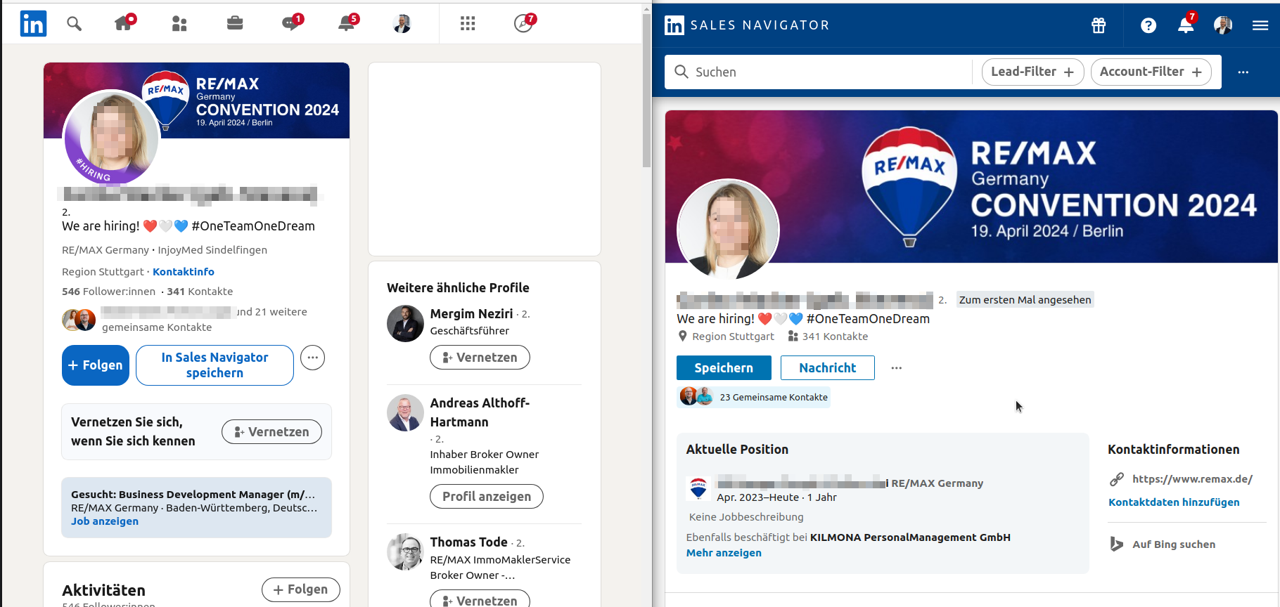 Suche nach Kontakten auf LinkedIn, die Mitarbeiter suchen bzw. #Hiring im Profilbild angezeigt haben