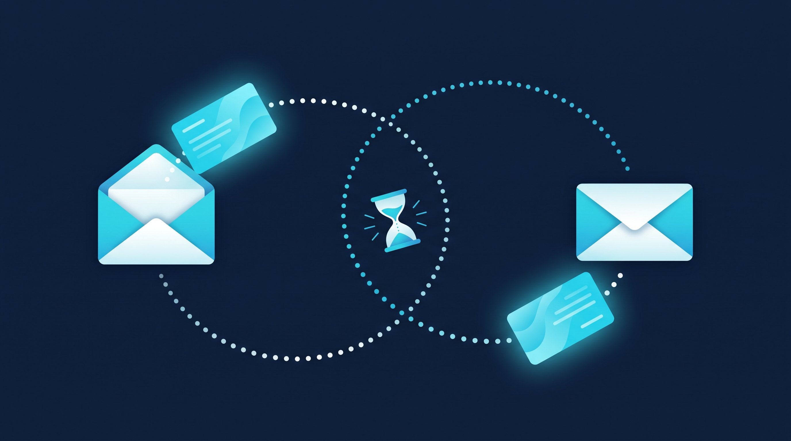 Illustration zu „Ich freue mich auf Ihre Rückmeldung“: Eine E-Mail geht links hinaus, rechts kommt die Antwort zurück, dazwischen eine Sanduhr als Zeichen für das Warten auf die Rückmeldung