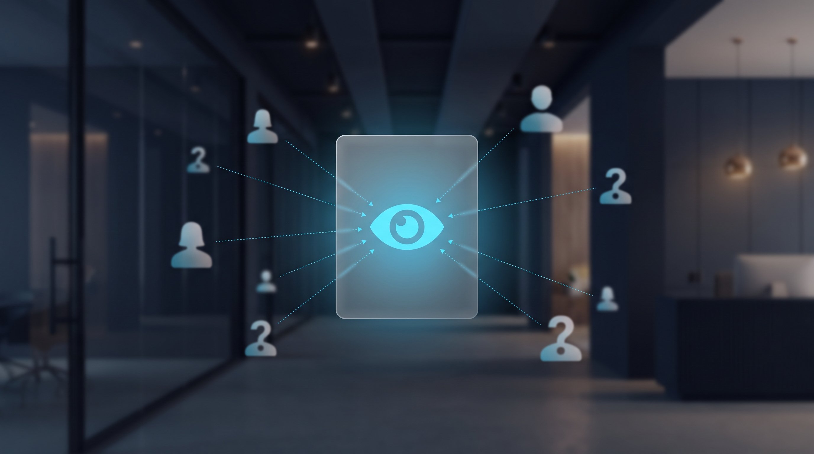 Leuchtende Profilkarte mit Augen-Symbol in Cyan, auf die gestrichelte Linien von Personen-Silhouetten zulaufen, einige davon mit Fragezeichen, vor einem unscharfen Büroflur in Navy, als Bild für Profilbesucher auf LinkedIn