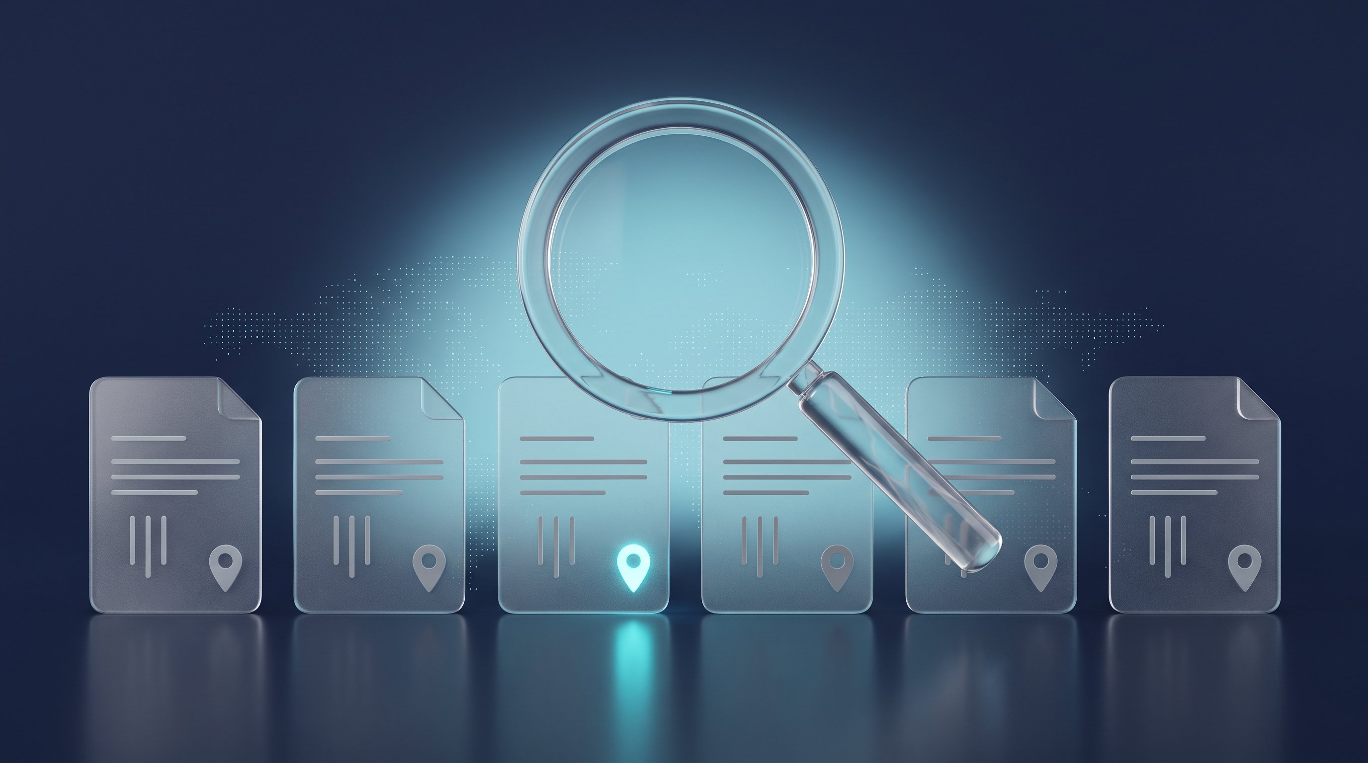 Leuchtende Lupe über einer Reihe gläserner Dokumentkarten mit Standort-Pins, ein Pin leuchtet cyan – Symbolbild für die Prüfung von Firmensitz und Serverstandort