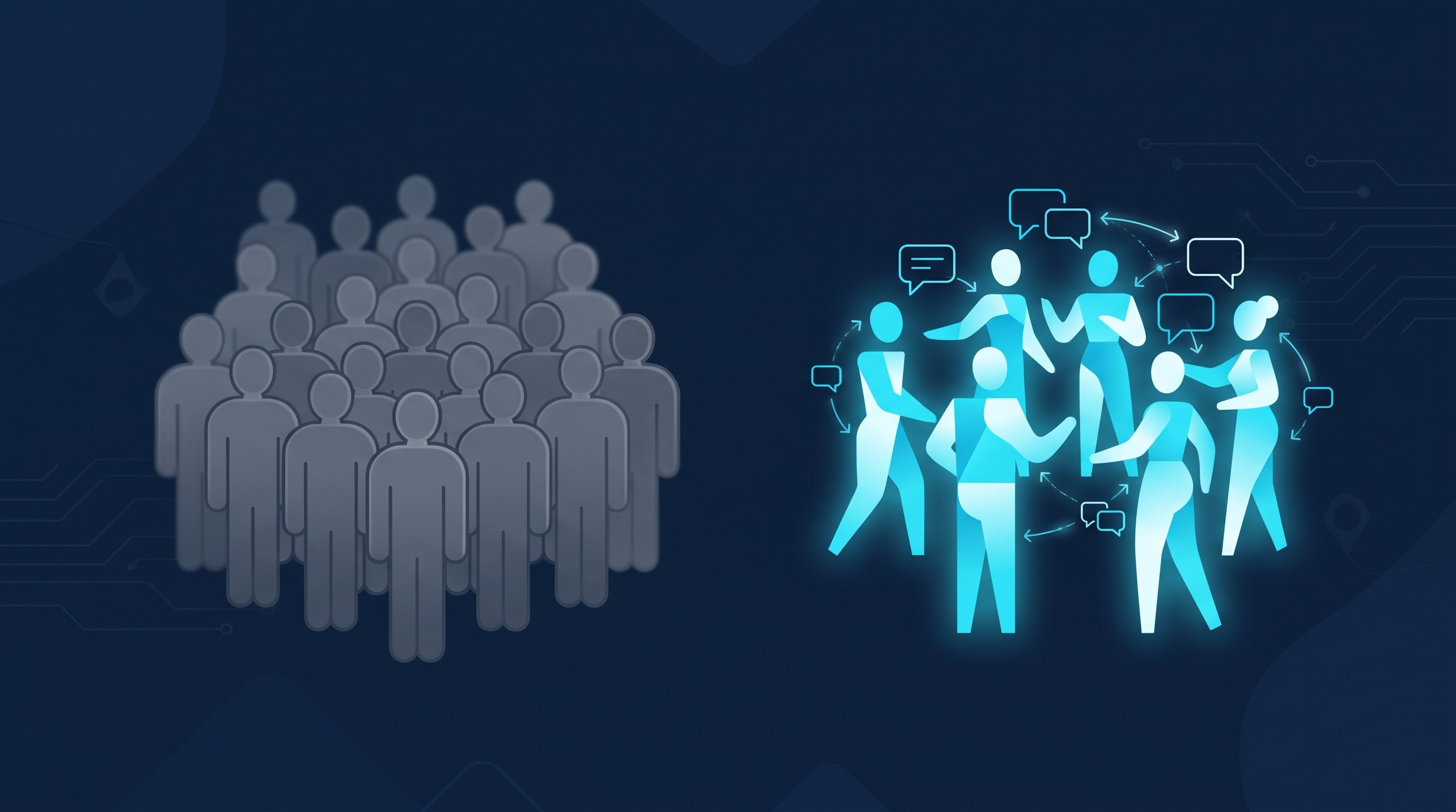 Links eine große Menge blasser grauer Silhouetten, die still stehen, rechts eine kleinere Gruppe leuchtender cyanfarbener Figuren, die sich mit Sprechblasen unterhalten, als Bild für echte Gespräche statt gekaufter LinkedIn-Follower, in Navy und Cyan