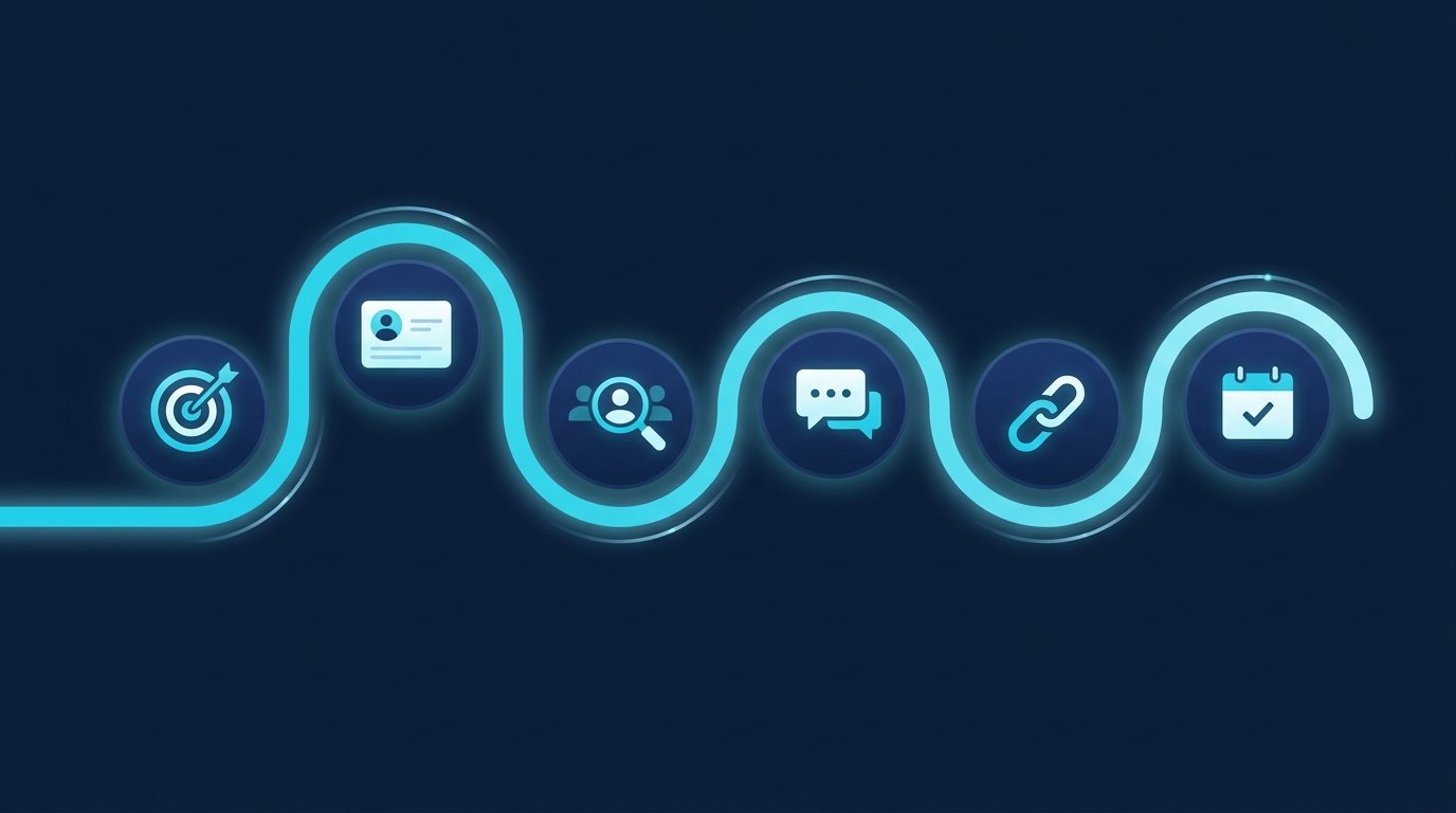 Social Selling auf LinkedIn in 6 Schritten als Weg mit sechs Stationen: Zielkunden, Profil, Suche, Kommentar, Vernetzung, Termin