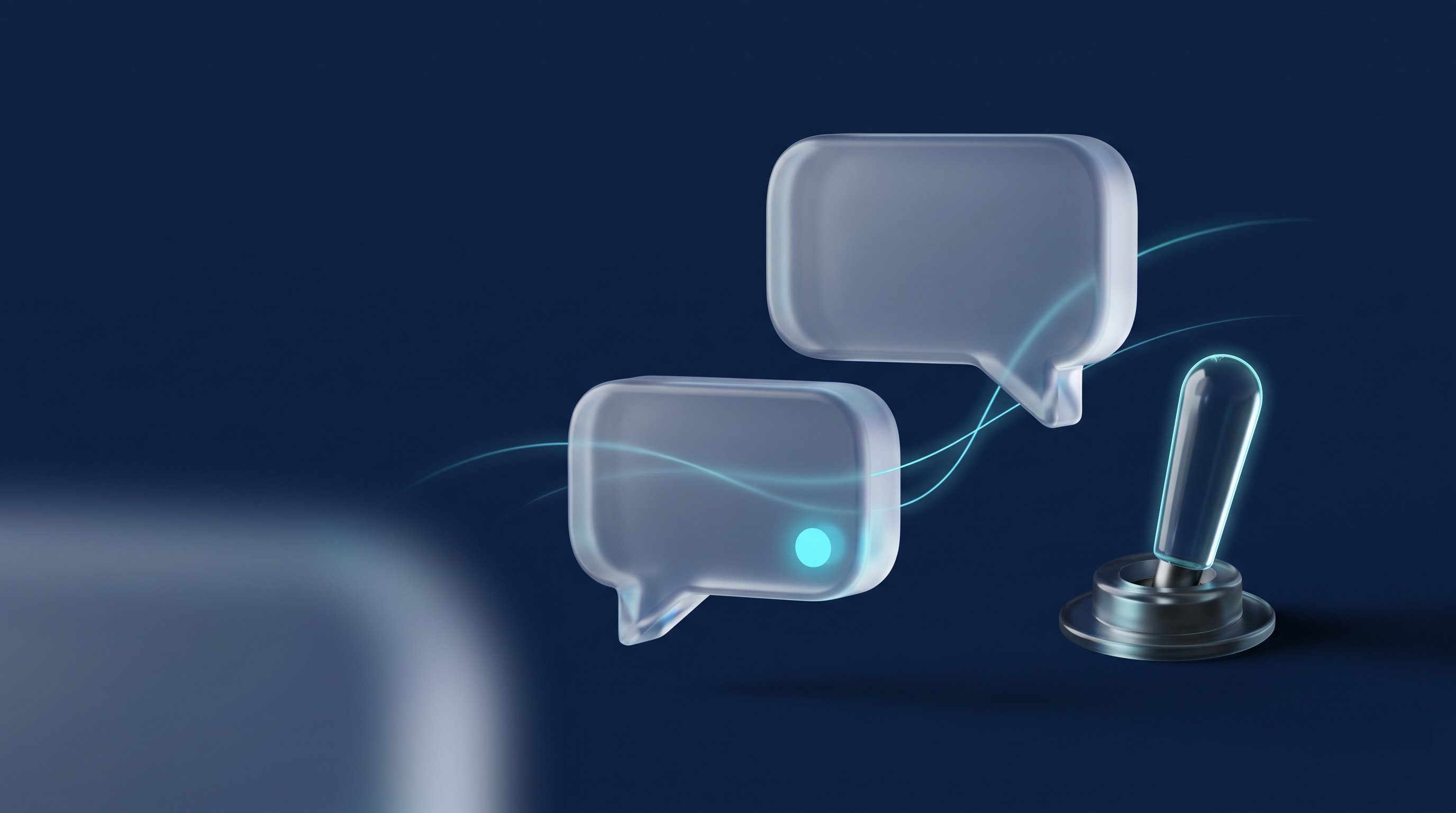 Zwei gläserne Sprechblasen auf dunkelblauem Grund, an einer leuchtet ein kleiner cyanfarbener Punkt, daneben ein Kippschalter – Symbolbild für die LinkedIn-Lesebestätigung