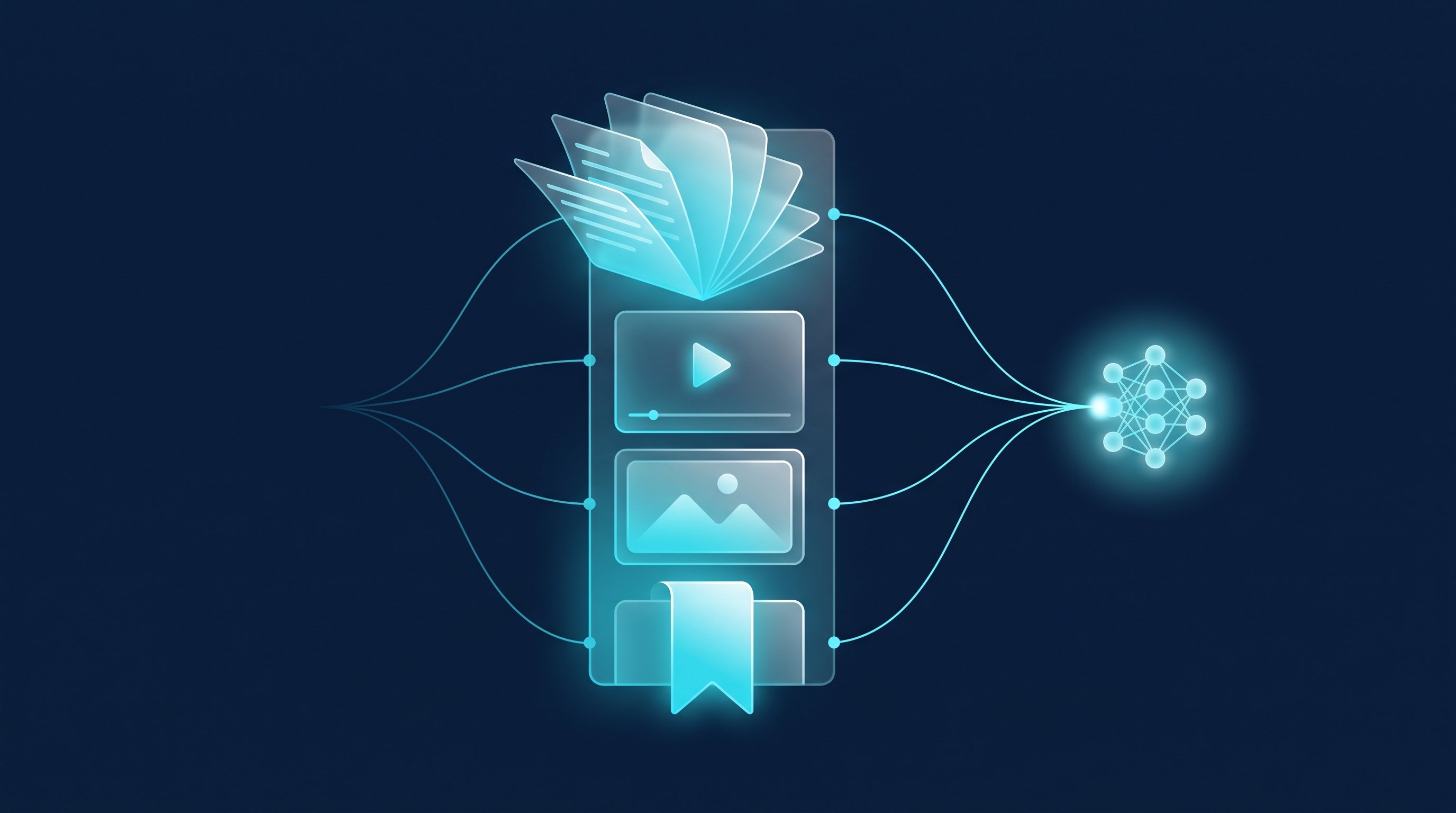 Leuchtende Beitragskarten mit Dokument-Karussell, Video, Bild und Lesezeichen, verbunden mit einem Netzwerkknoten – Symbolbild für den LinkedIn-Algorithmus 2026