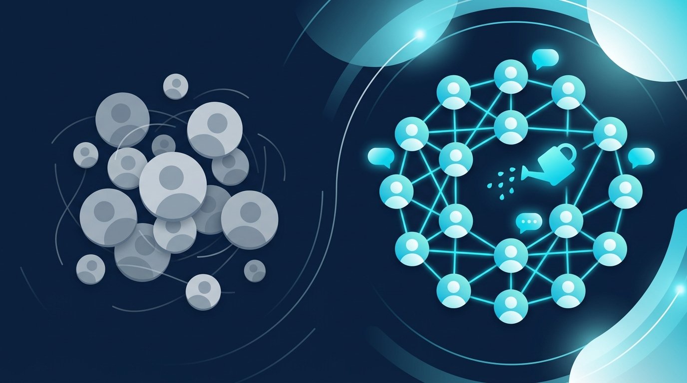 LinkedIn-Netzwerk pflegen statt Kontakte sammeln: links ein ungeordneter Haufen grauer Kontakte, rechts ein kleiner verbundener Kreis im Gespräch