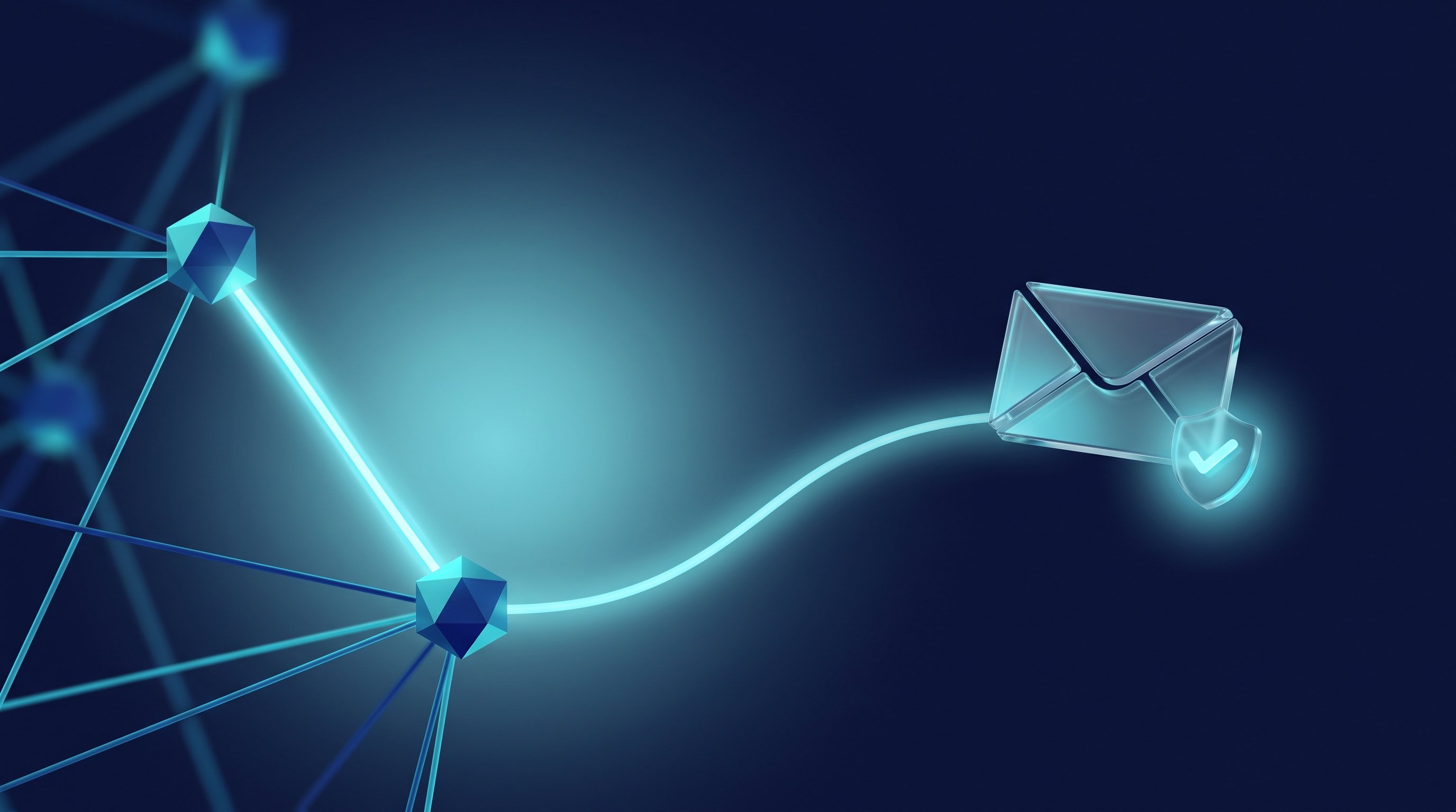 Leuchtende Linie führt von zwei verbundenen Netzwerkknoten zu einem gläsernen Briefumschlag mit Häkchen – Symbolbild für LinkedIn-Kontakt und E-Mail mit Zustimmung