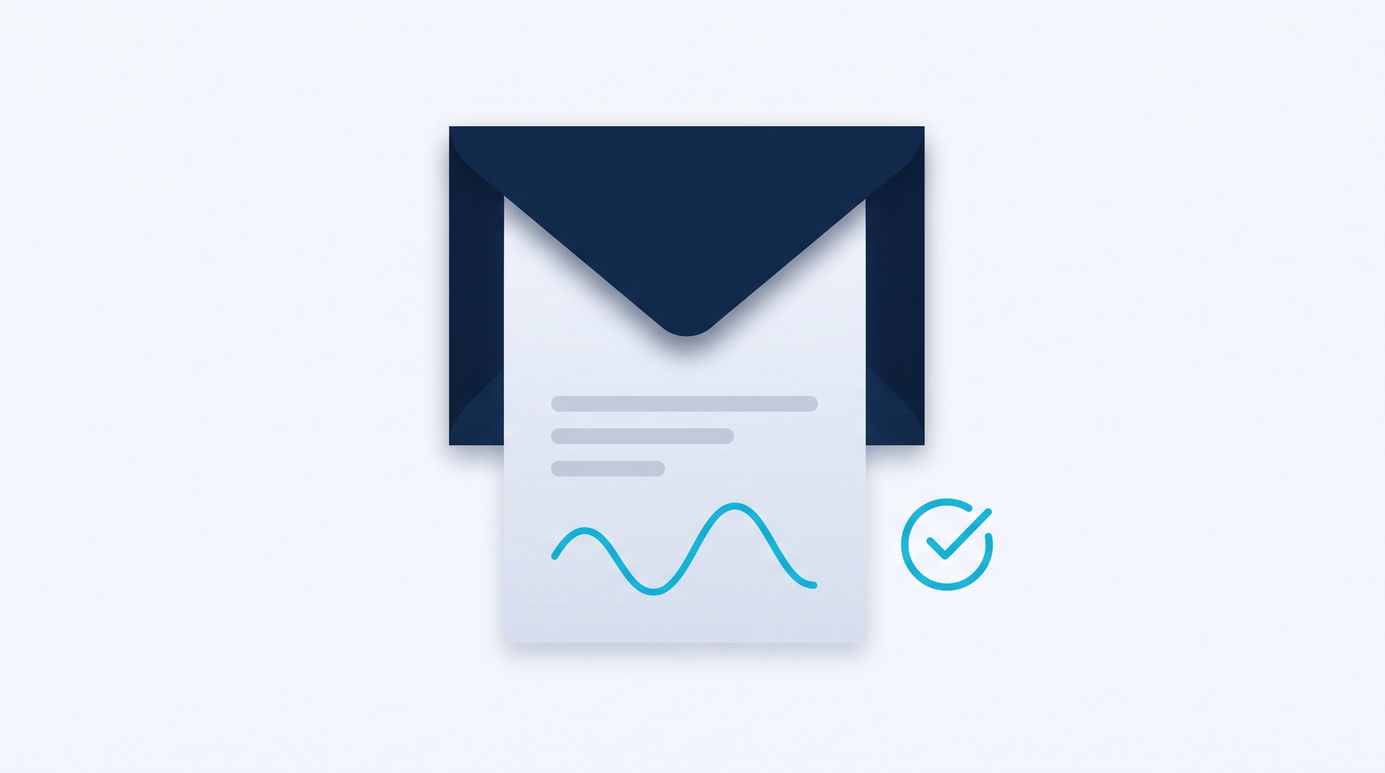 Illustration zum Thema E-Mail beenden: Ein Briefbogen mit angedeuteter Grußformel gleitet in einen Umschlag, daneben ein Häkchen als Zeichen für den fertigen Schluss