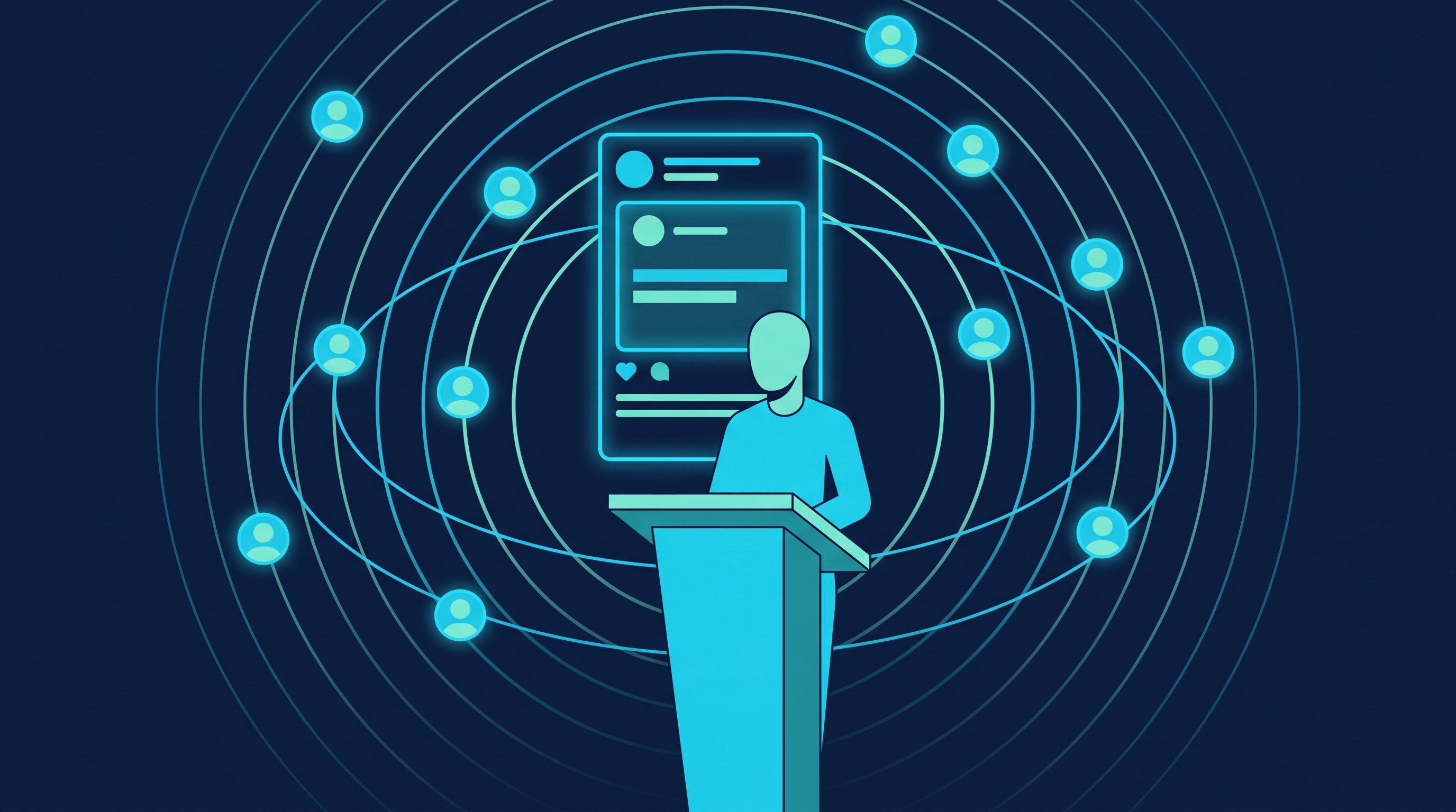 Illustration zum Personal Branding auf LinkedIn: Ein Beitrag sendet Wellen aus, auf denen Kontakte sitzen, die über Linien zurück zur Gründerin führen