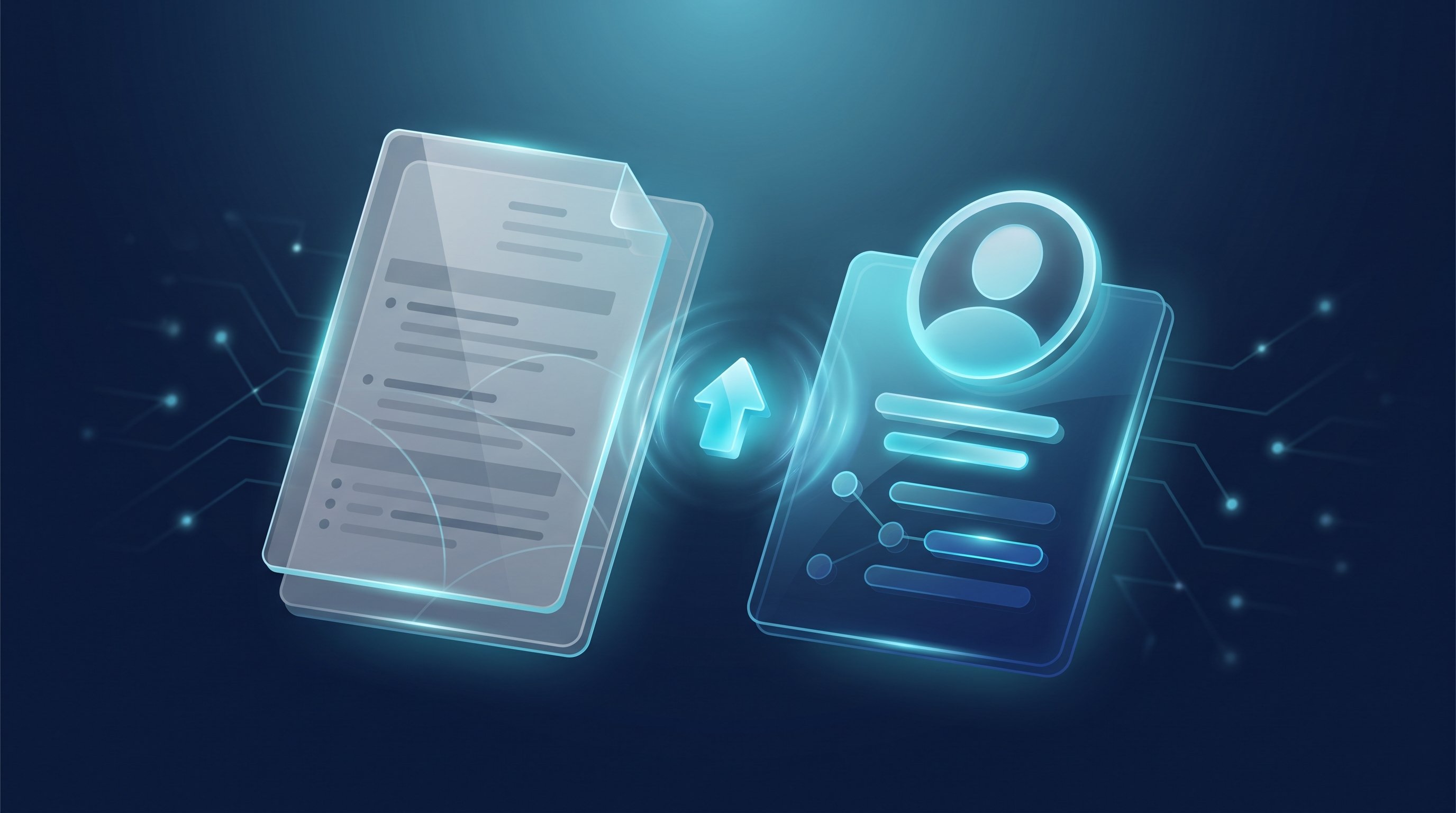 Glass document card with abstract lines moving toward a generic profile card, with a glowing upload arrow between them, illustrating adding a resume to LinkedIn