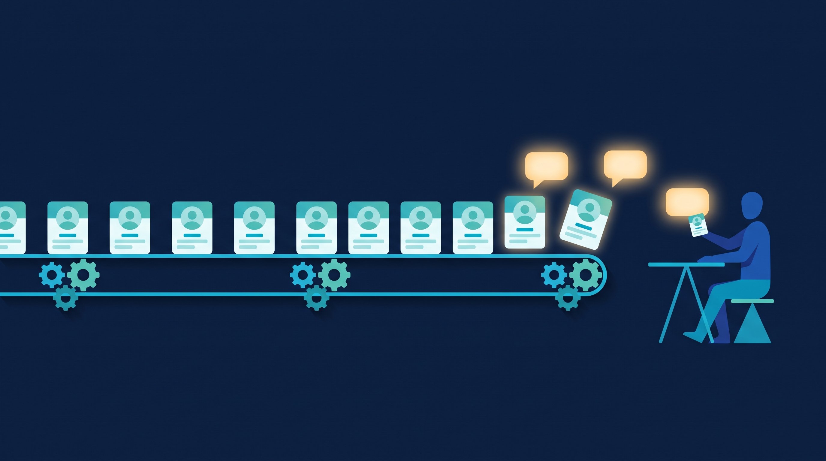 Illustration zum automatisierten LinkedIn-Outreach: Zahnräder bearbeiten eine Reihe von Profilen, am Ende übernimmt ein Mensch die Kontakte, die geantwortet haben