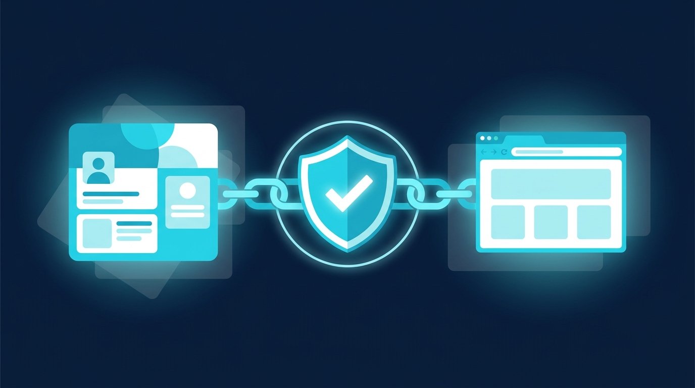 LinkedIn Unternehmensseite verifizieren als Schaubild: Seite und Firmenwebsite über eine Kette verbunden, dazwischen ein Schild mit Haken als Zeichen für die bestätigte Domain