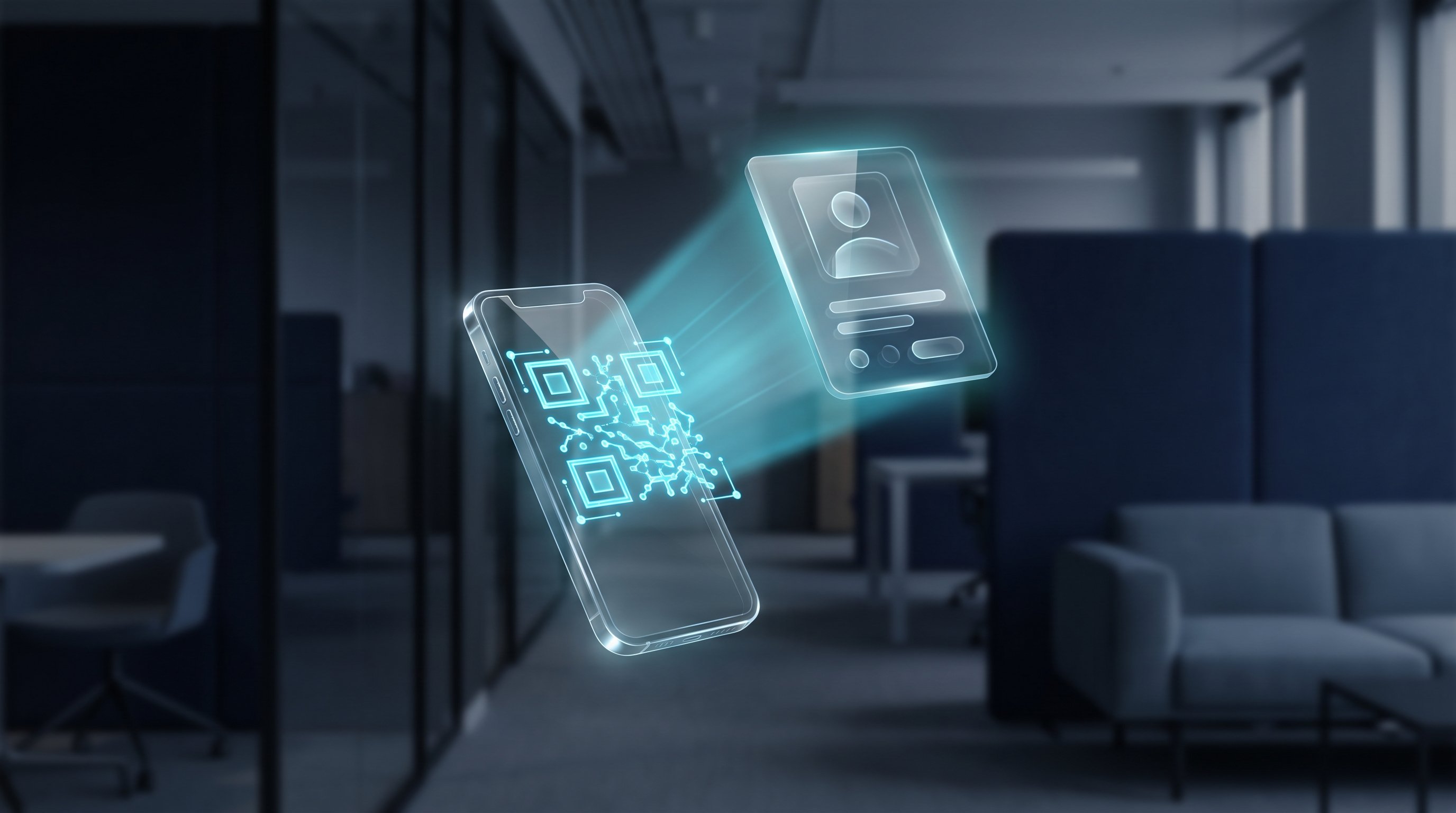 Ein Smartphone zeigt einen LinkedIn QR Code, aus dem ein Lichtstrahl eine Profilkarte mit Personen-Silhouette aufbaut, vor einem abgedunkelten Büro in Navy und Cyan