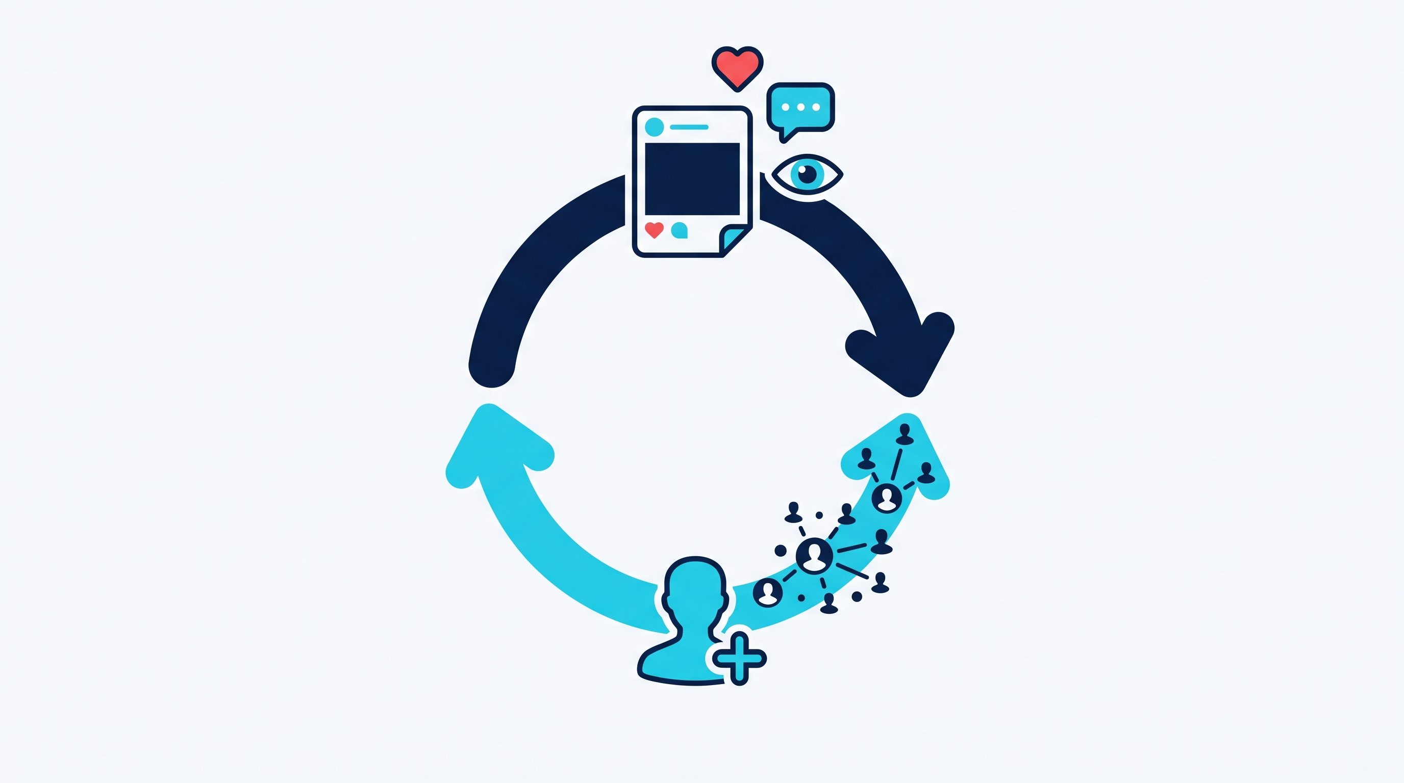 Kreislauf aus Posten und Vernetzen: Ein Beitrag bringt Reaktionen und Profilbesuche, daraus werden Vernetzungen, und das größere Netzwerk liest den nächsten Beitrag