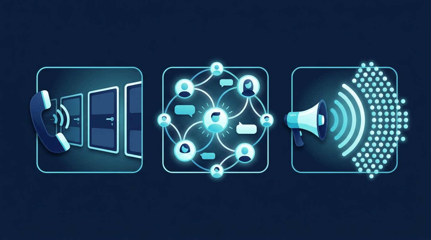 Social Selling im Vergleich zu Kaltakquise und Social Media Marketing: Telefon vor geschlossenen Türen, vernetzte Kontakte im Gespräch und ein Megafon vor einer Menge