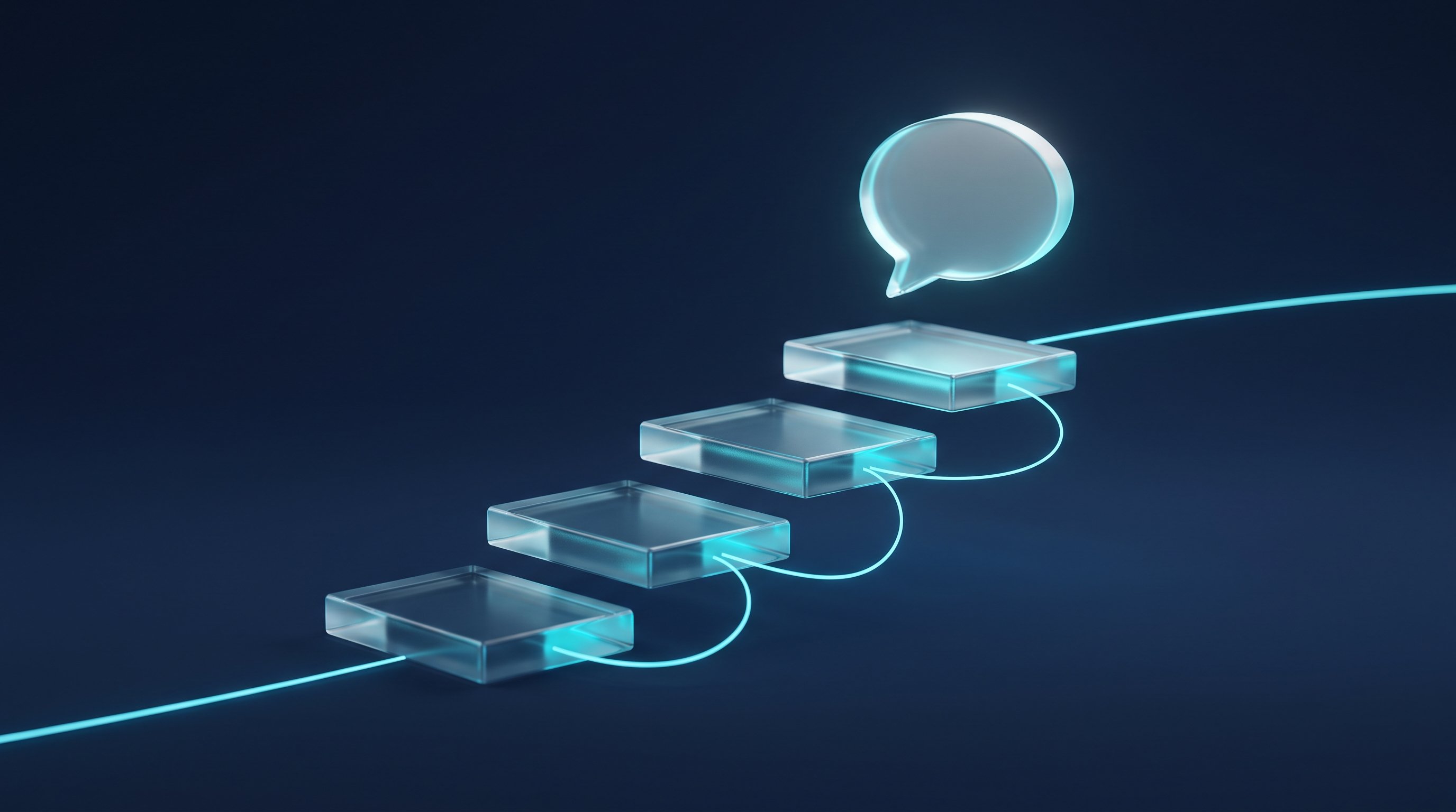 Vier leuchtende Glasstufen in Cyan führen auf dunklem Navy-Grund zu einer offenen Sprechblase, Symbolbild für die vier Fragetypen von SPIN Selling im Chat