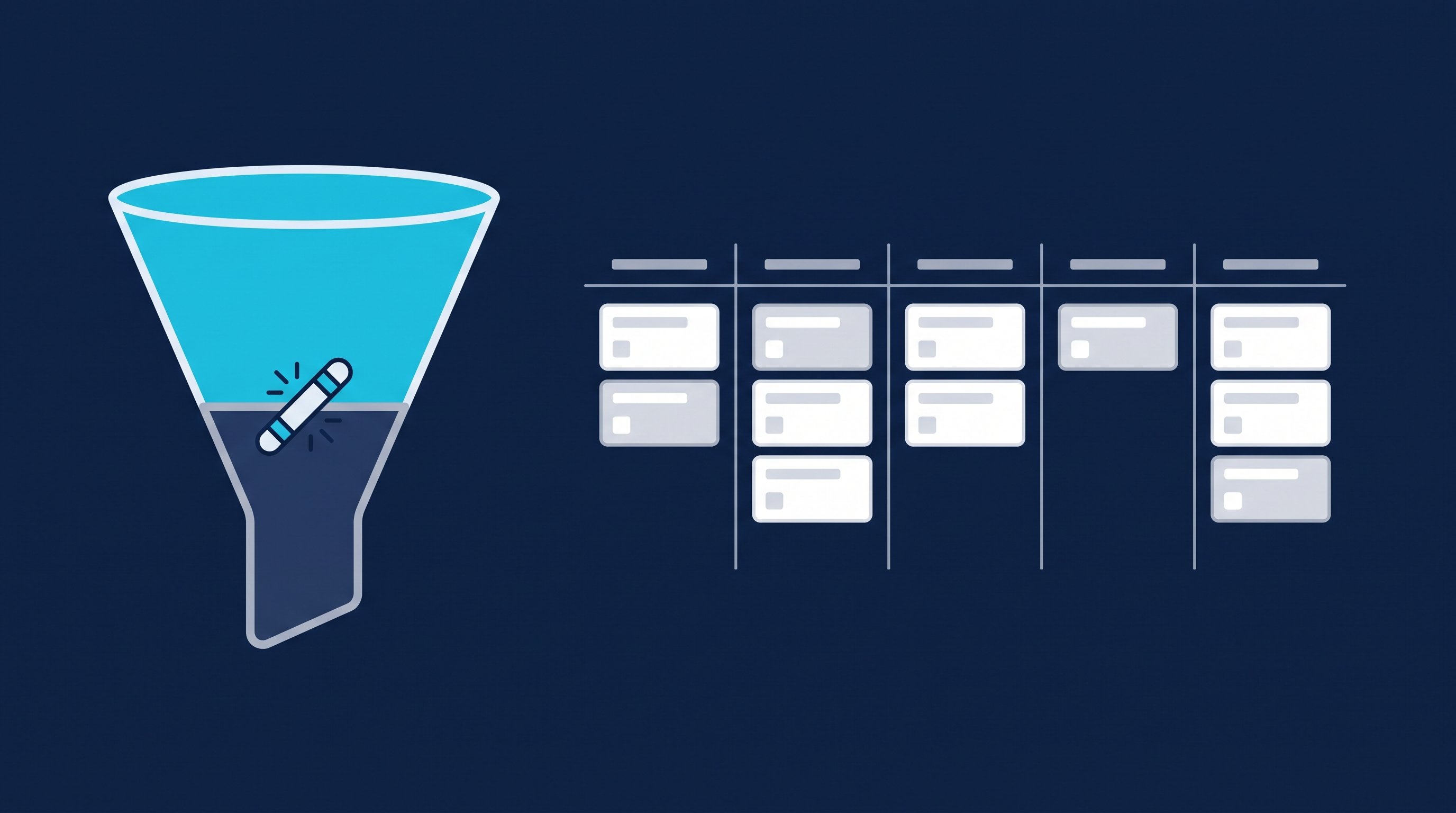 Marketing-Funnel und Sales-Funnel als zweifarbiger Trichter mit Übergabe an den Vertrieb, daneben die Sales Pipeline als Board mit einzelnen Deals