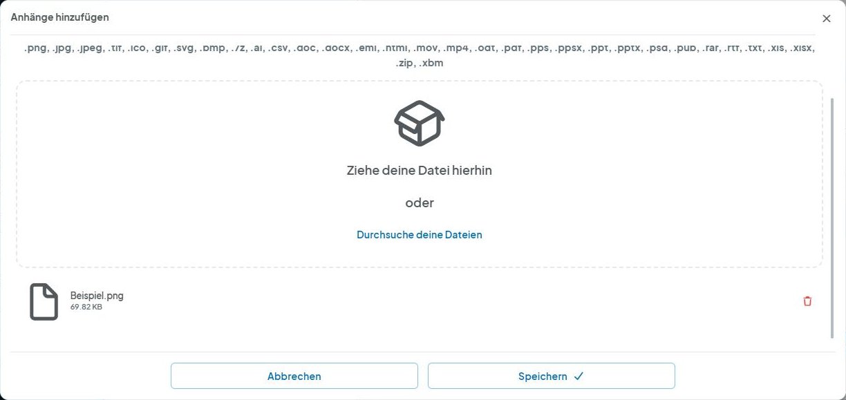CompLeadly Oberfläche: Anhänge hinzufügen mit hinzugefügter Datei und Papierkorb-Symbol (Version 5.1.24)
