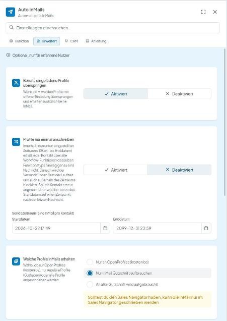 CompLeadly Oberfläche: Auto InMails – Reiter Erweitert mit „Bereits eingeladene Profile überspringen“ und „Welche Profile InMails erhalten“ (Version 5.1.28)