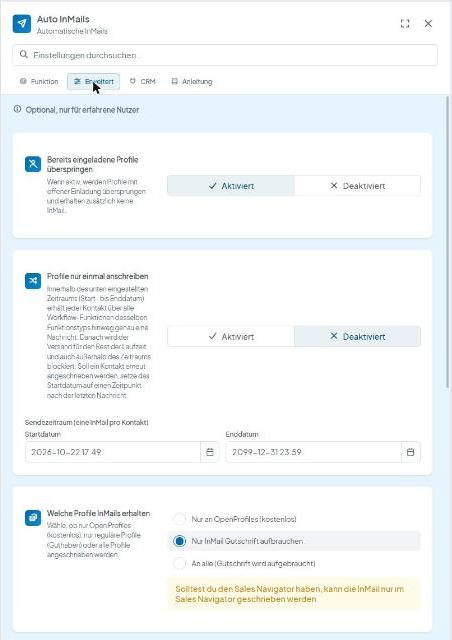 CompLeadly Oberfläche: Auto InMails, Reiter Erweitert – Profile nur einmal anschreiben mit Sendezeitraum (Version 5.1.28)