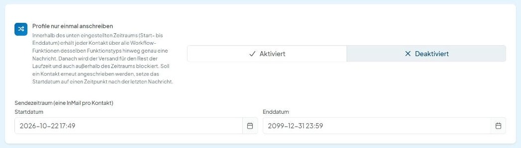 CompLeadly Oberfläche: Auto InMails, Reiter Erweitert – Profile nur einmal anschreiben (Version 5.1.28)