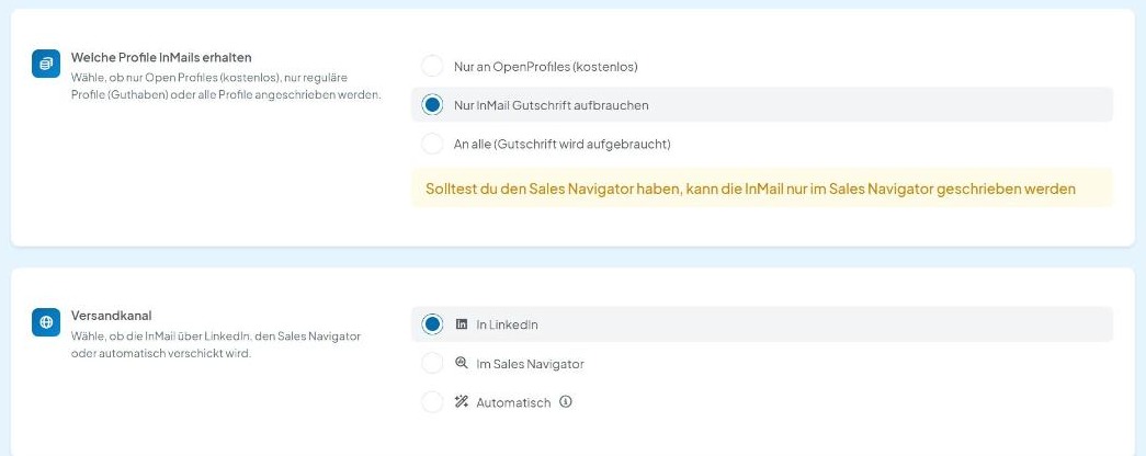 CompLeadly Oberfläche: Auto InMails, Reiter Erweitert – Welche Profile InMails erhalten und Versandkanal (Version 5.1.28)