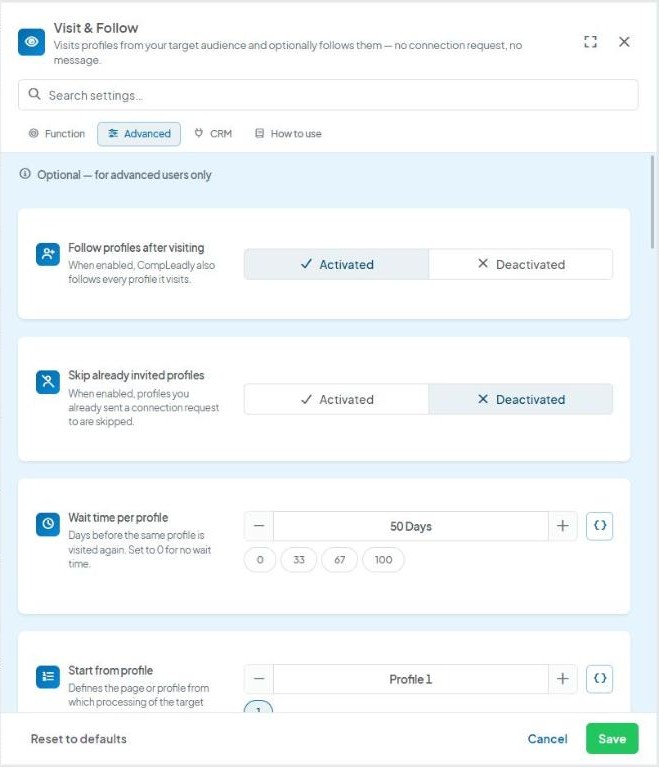 CompLeadly Oberfläche: Visit & Follow – Advanced tab, Follow profiles after visiting (Version 5.1.28)