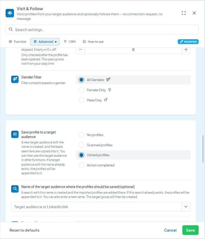 CompLeadly Oberfläche: Visit & Follow – Advanced tab, Save profile to a target audience (Version 5.1.28)