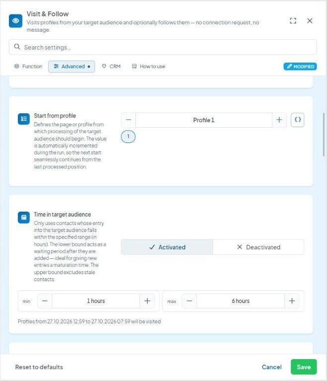 CompLeadly Oberfläche: Visit & Follow – Advanced tab, Time in target audience (Version 5.1.28)