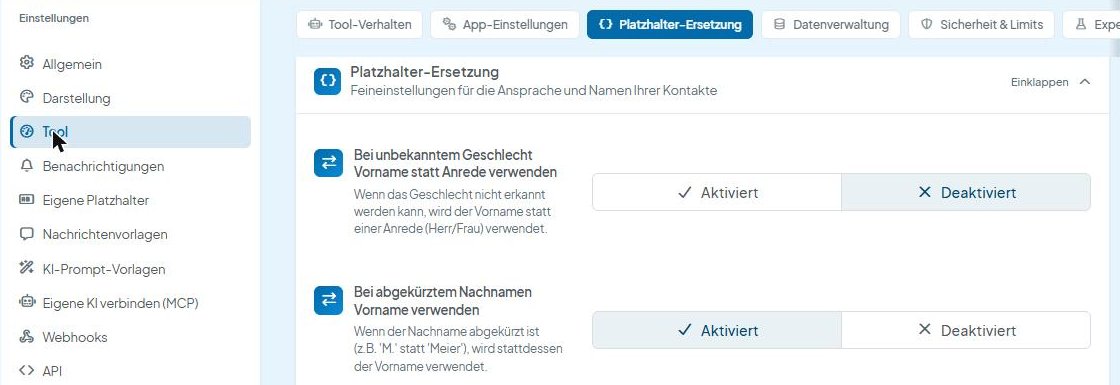 CompLeadly Oberfläche: Einstellungen – Tool – Platzhalter-Ersetzung (Version 5.1.24)