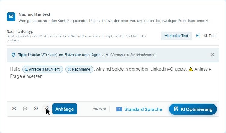 CompLeadly Oberfläche: Nachrichtentext mit Symbol Anhänge (Version 5.1.24)