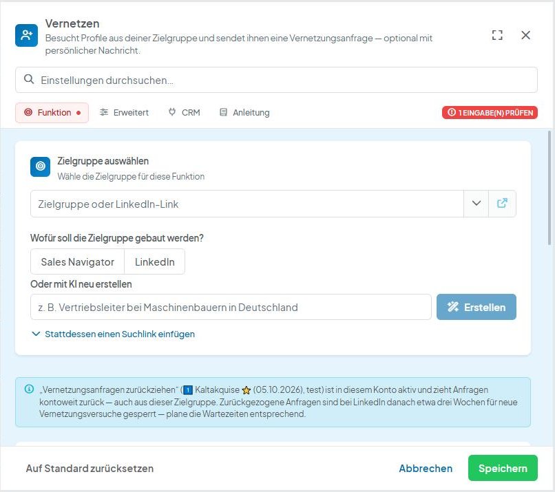 CompLeadly Oberfläche: Einstellungen der Funktion Vernetzen (Version 5.1.24)