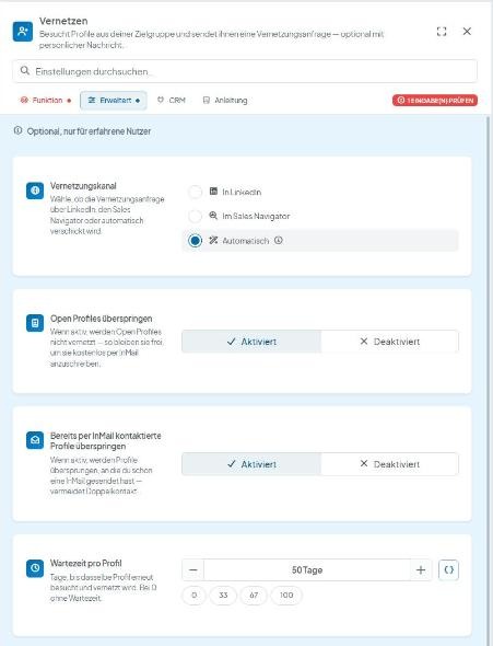 CompLeadly Oberfläche: Vernetzen – Reiter Erweitert mit „Open Profiles überspringen“ und „Bereits per InMail kontaktierte Profile überspringen“ (Version 5.1.28)