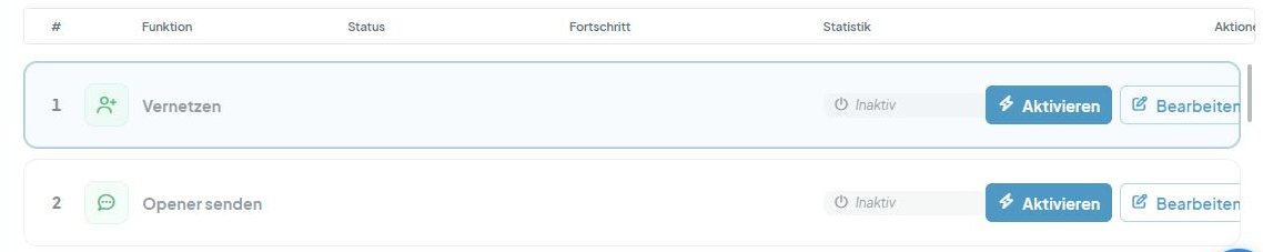 CompLeadly Oberfläche: Workflow-Funktionsliste mit „Vernetzen“ und „Bearbeiten“ (Version 5.1.24)