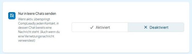 CompLeadly Oberfläche: Workflow, Opener senden – Reiter Erweitert, Nur in leere Chats senden (Version 5.1.28)