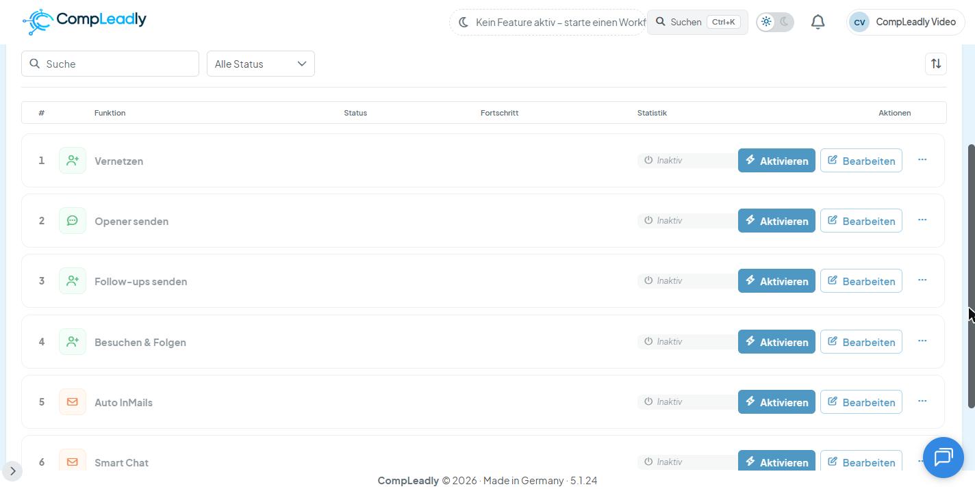 CompLeadly Oberfläche: Workflow-Schritte in Abfolge (Version 5.1.24)